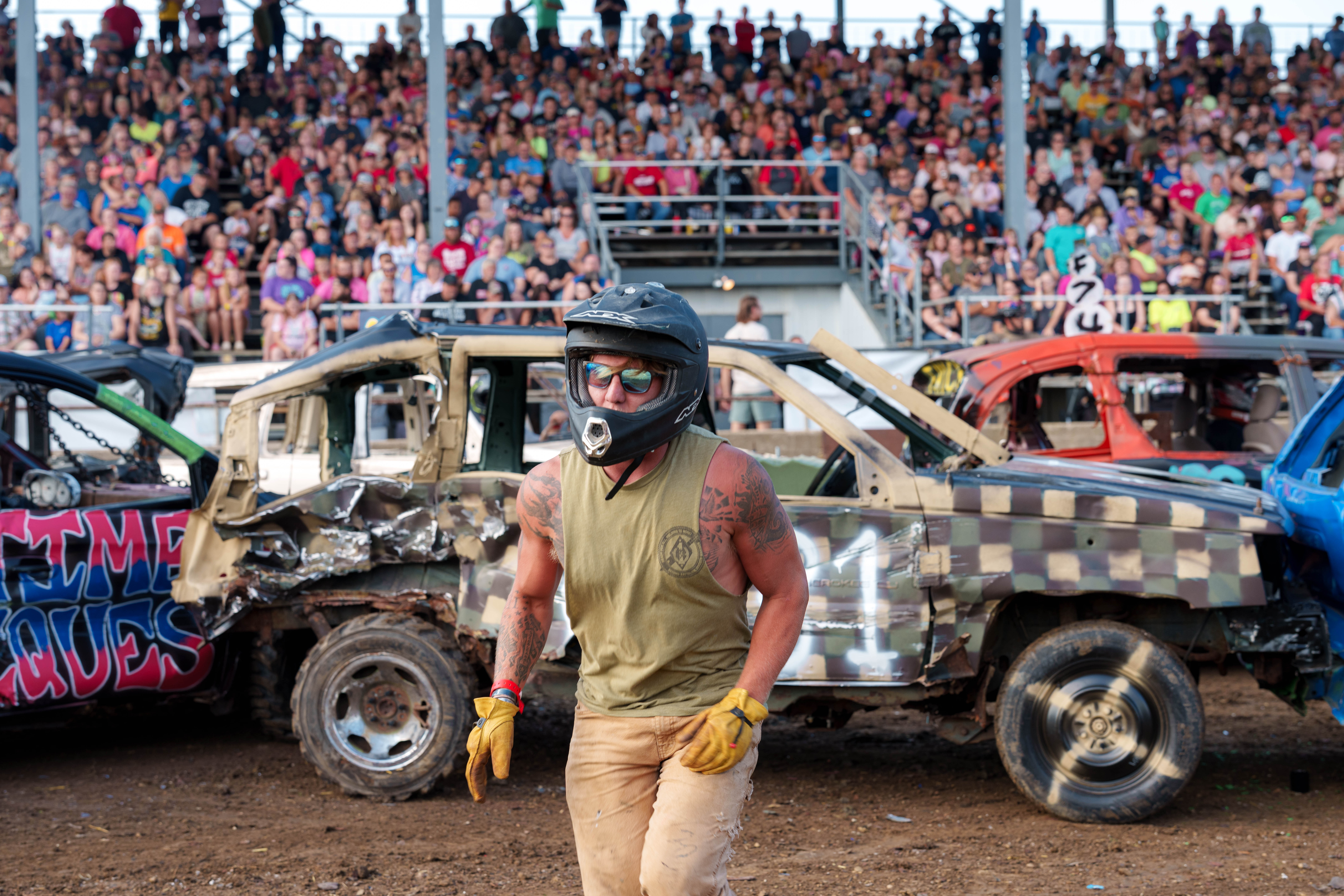 Demolition Derby at the Green County Fair in Monroe, Wisconsin on July 19th, 2025. Photography by Ross Harried for Second Crop Sports.