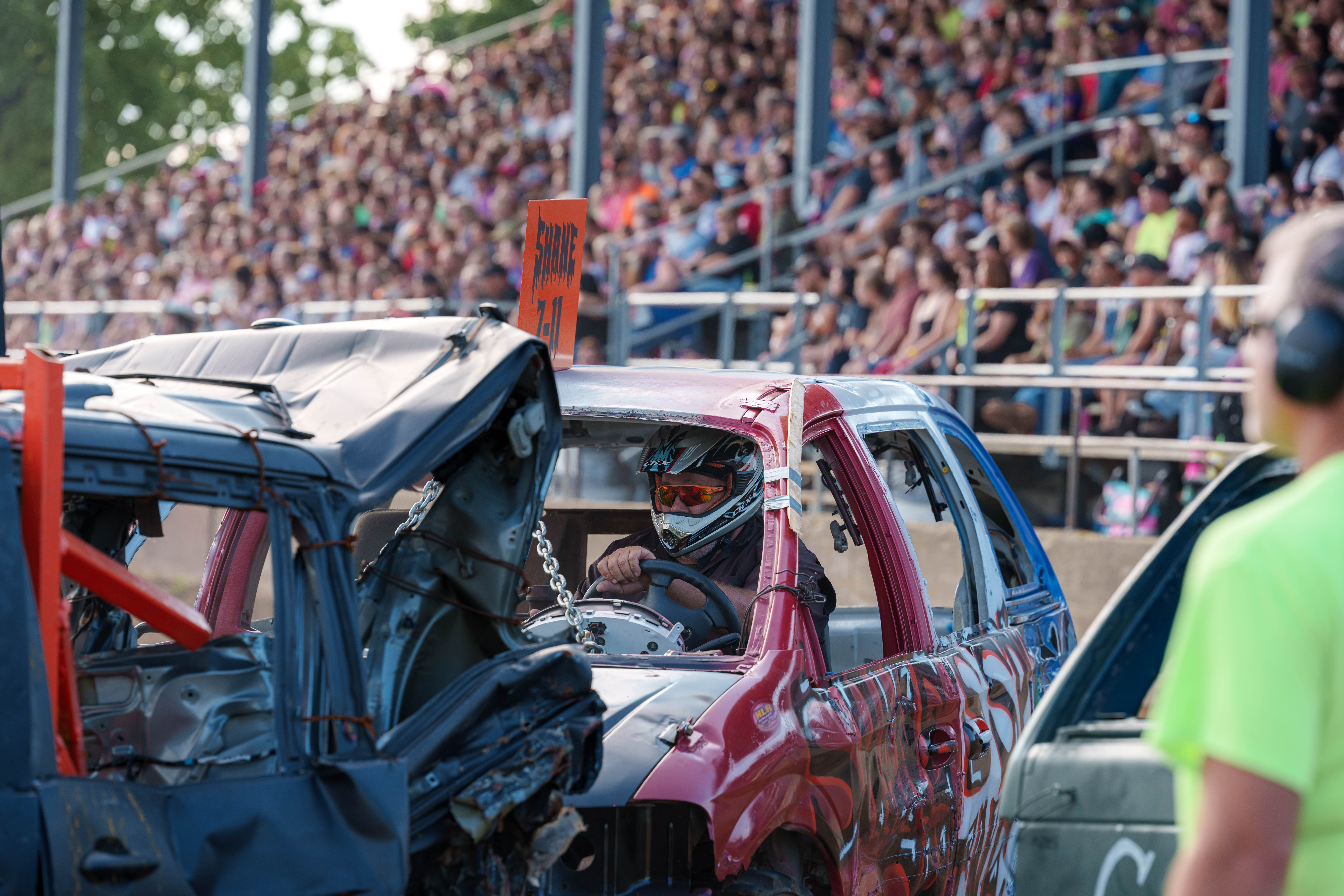 Demolition Derby at the Green County Fair in Monroe, Wisconsin on July 19th, 2025. Photography by Ross Harried for Second Crop Sports.