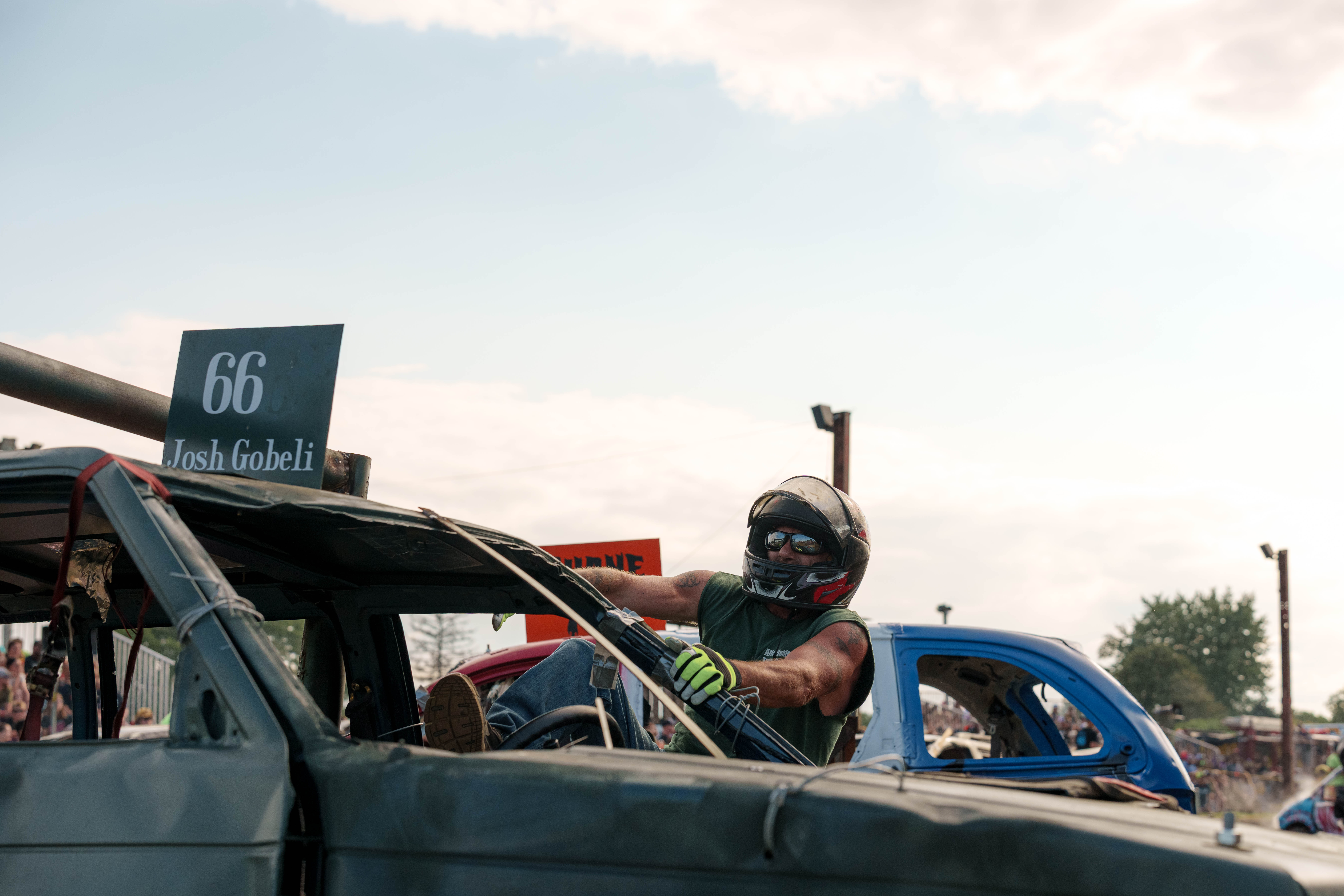 Demolition Derby at the Green County Fair in Monroe, Wisconsin on July 19th, 2025. Photography by Ross Harried for Second Crop Sports.
