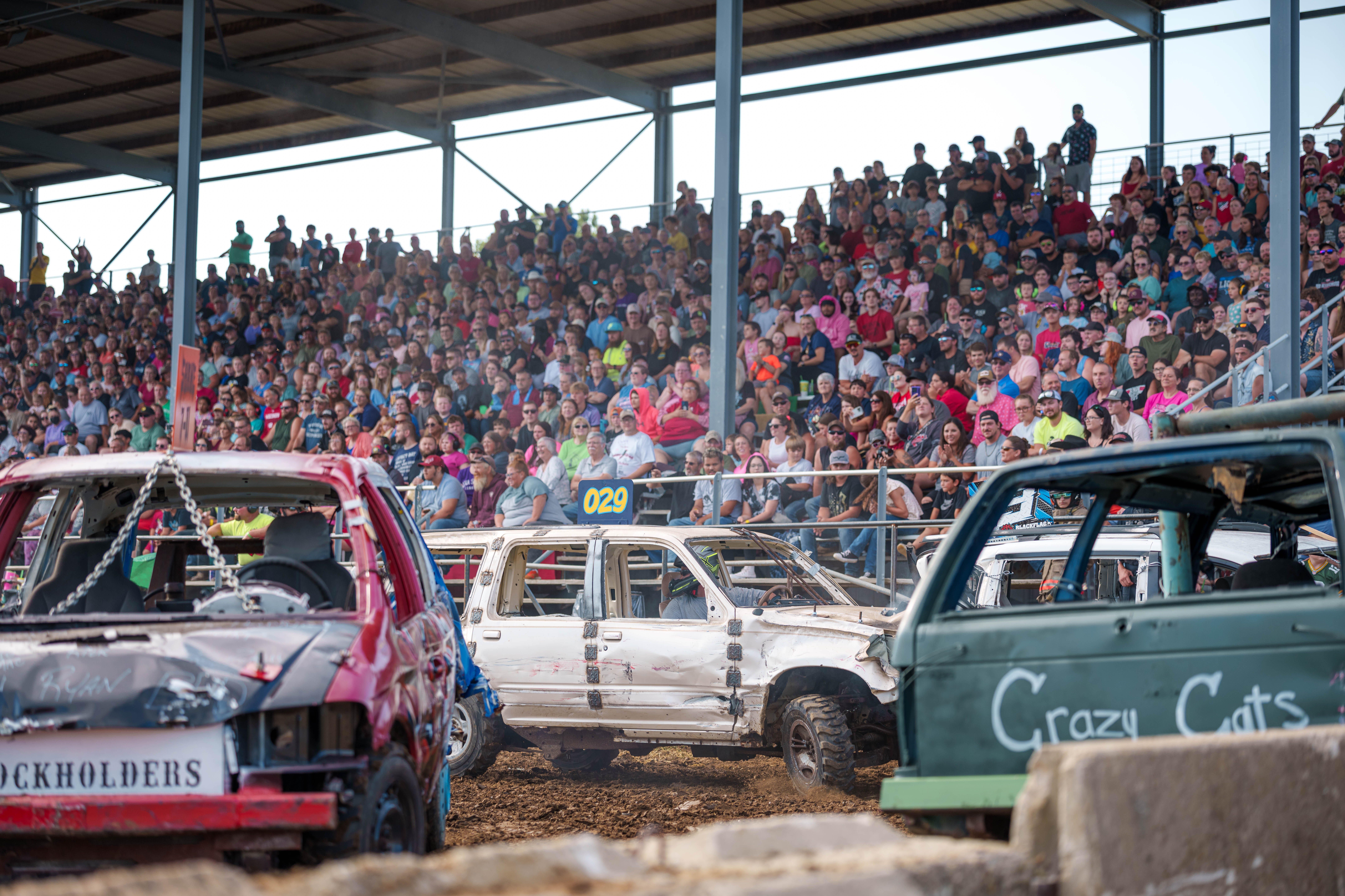 Demolition Derby at the Green County Fair in Monroe, Wisconsin on July 19th, 2025. Photography by Ross Harried for Second Crop Sports.