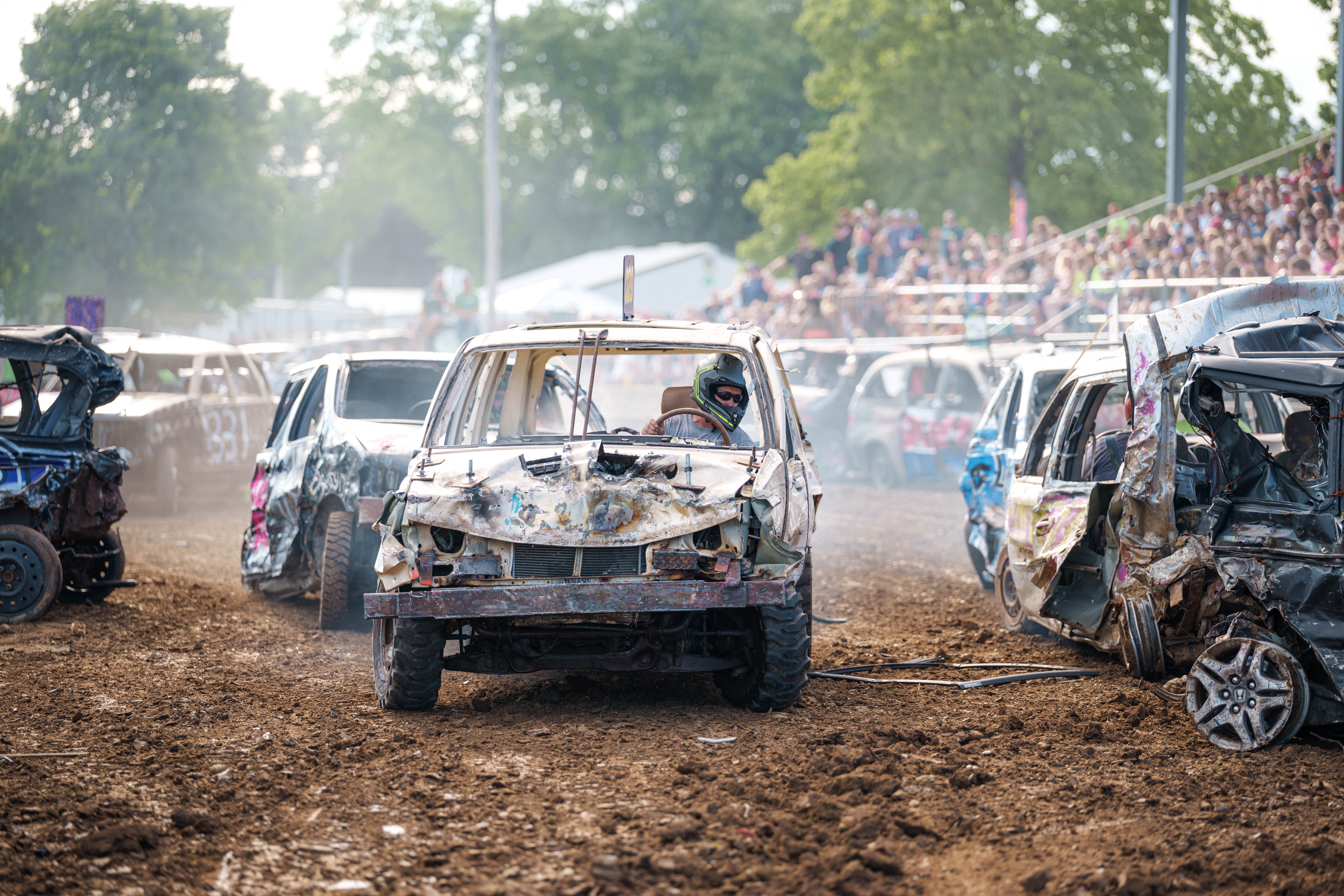 Demolition Derby at the Green County Fair in Monroe, Wisconsin on July 19th, 2025. Photography by Ross Harried for Second Crop Sports.