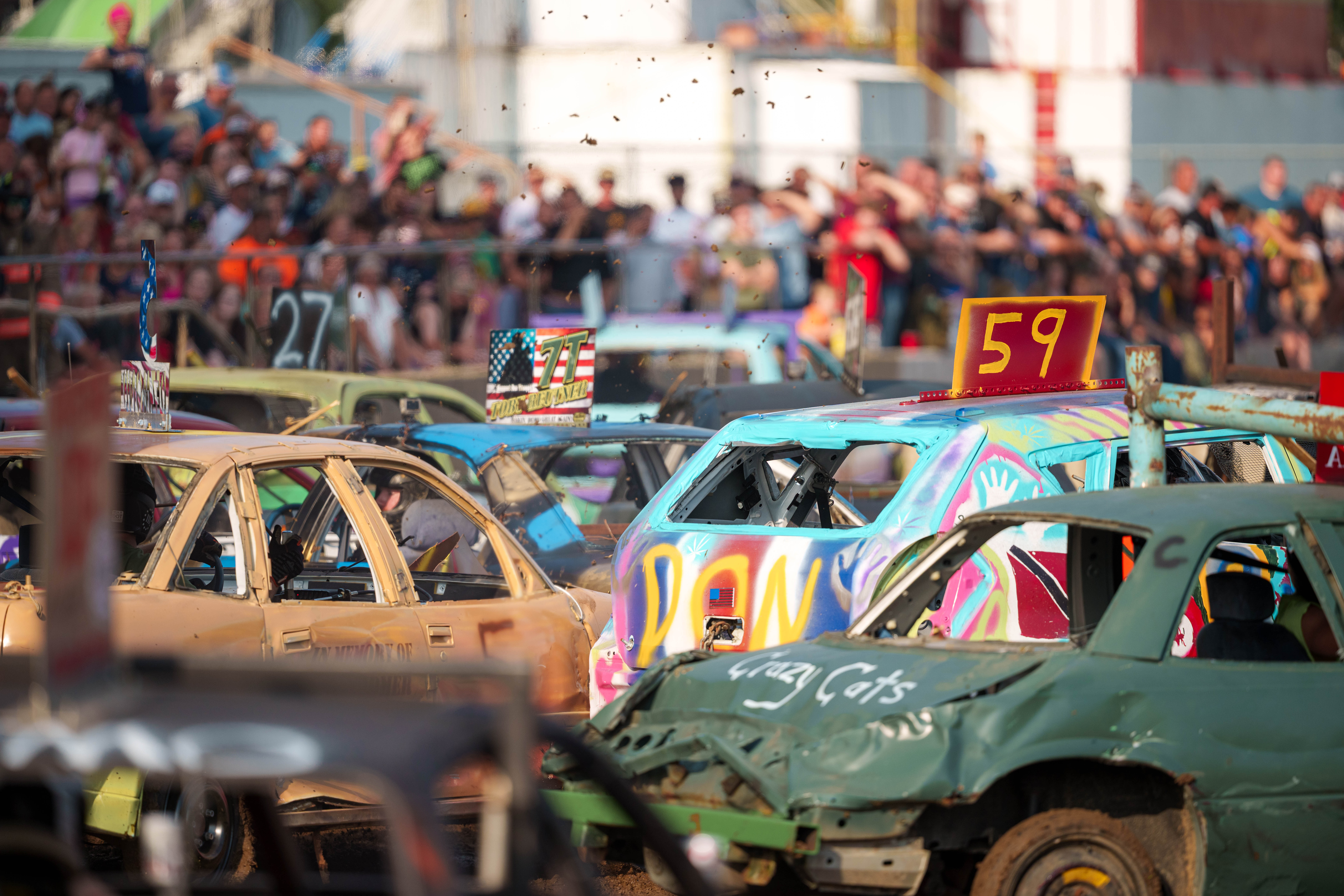 Demolition Derby at the Green County Fair in Monroe, Wisconsin on July 19th, 2025. Photography by Ross Harried for Second Crop Sports.