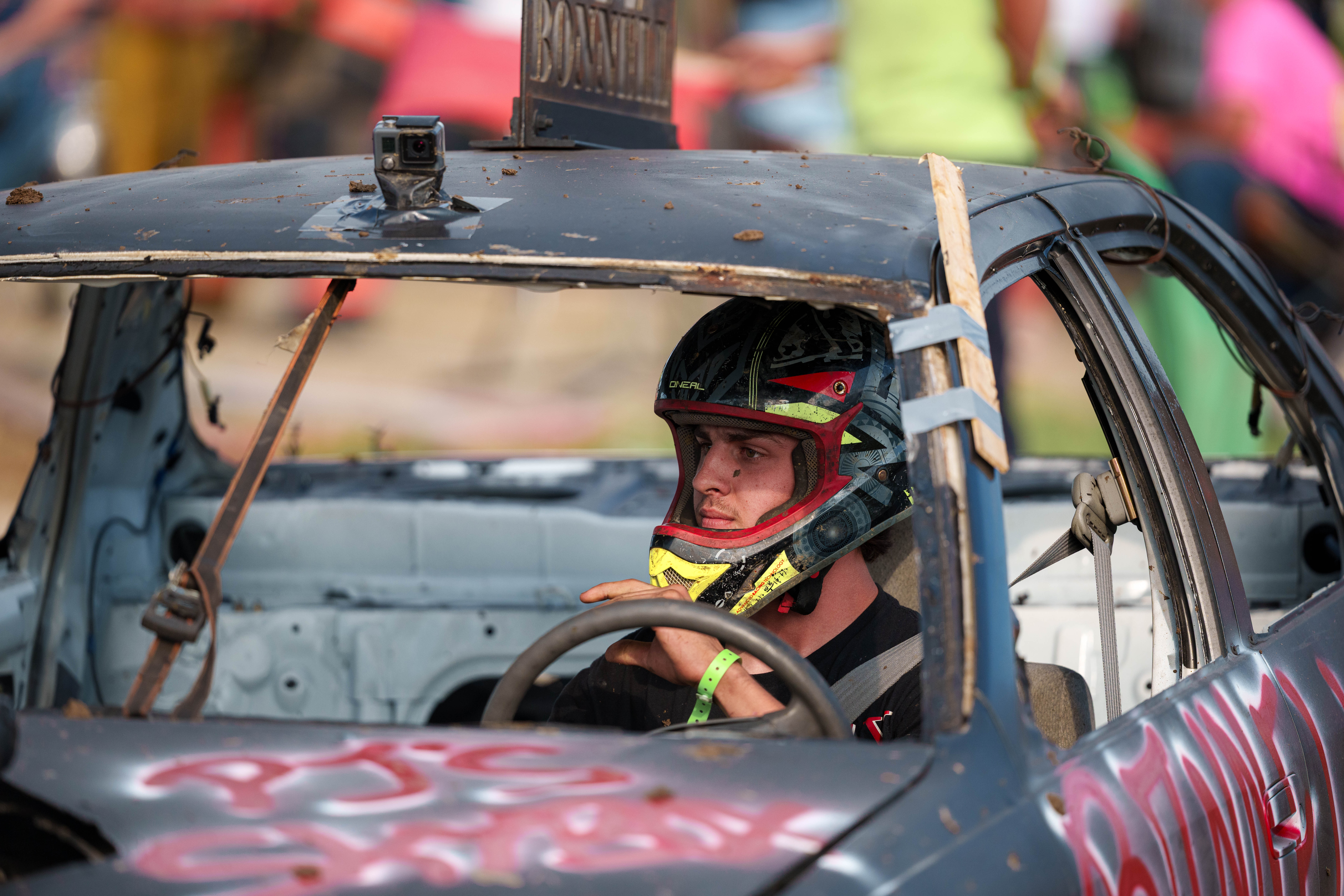 Demolition Derby at the Green County Fair in Monroe, Wisconsin on July 19th, 2025. Photography by Ross Harried for Second Crop Sports.