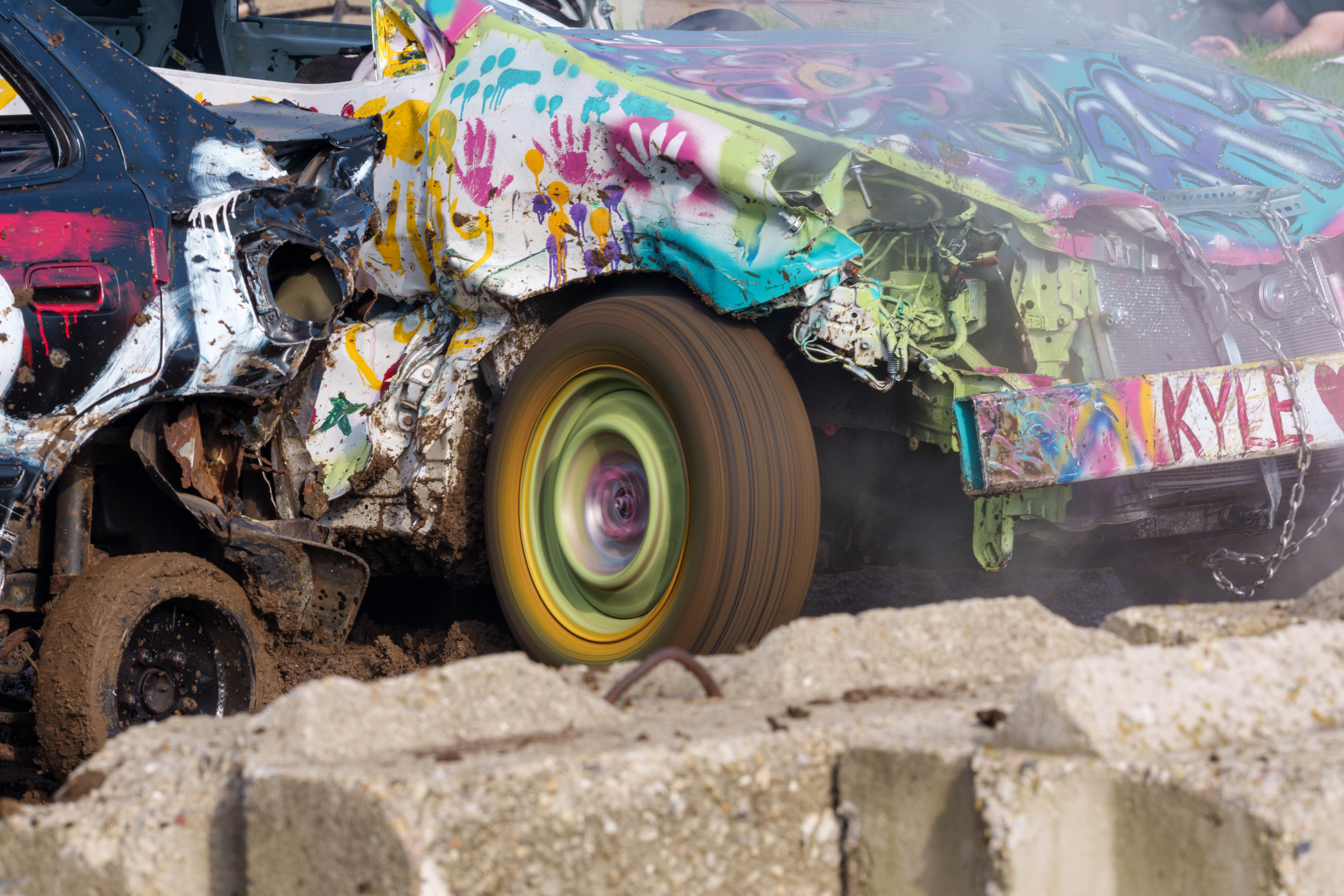 Demolition Derby at the Green County Fair in Monroe, Wisconsin on July 19th, 2025. Photography by Ross Harried for Second Crop Sports.
