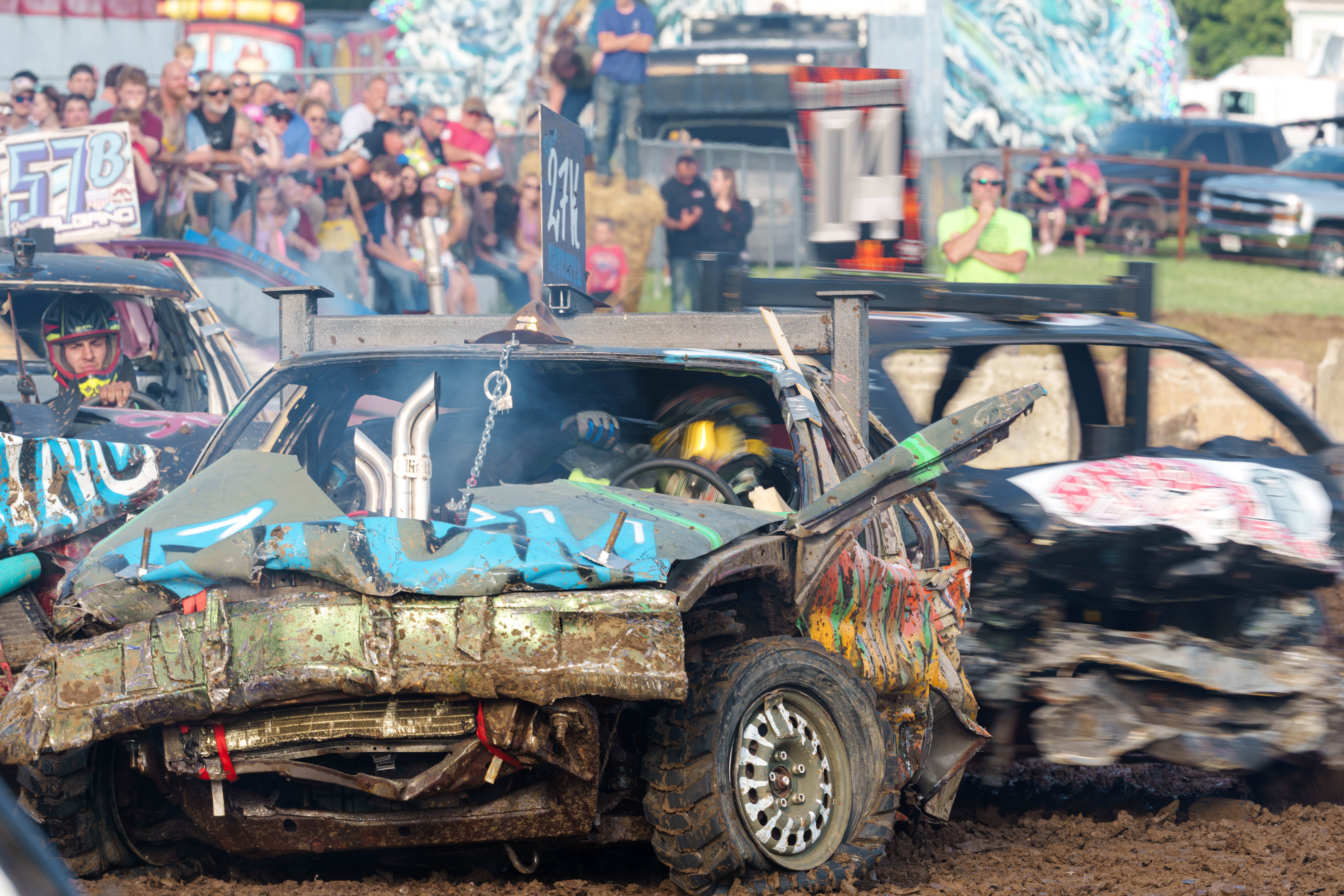 Demolition Derby at the Green County Fair in Monroe, Wisconsin on July 19th, 2025. Photography by Ross Harried for Second Crop Sports.