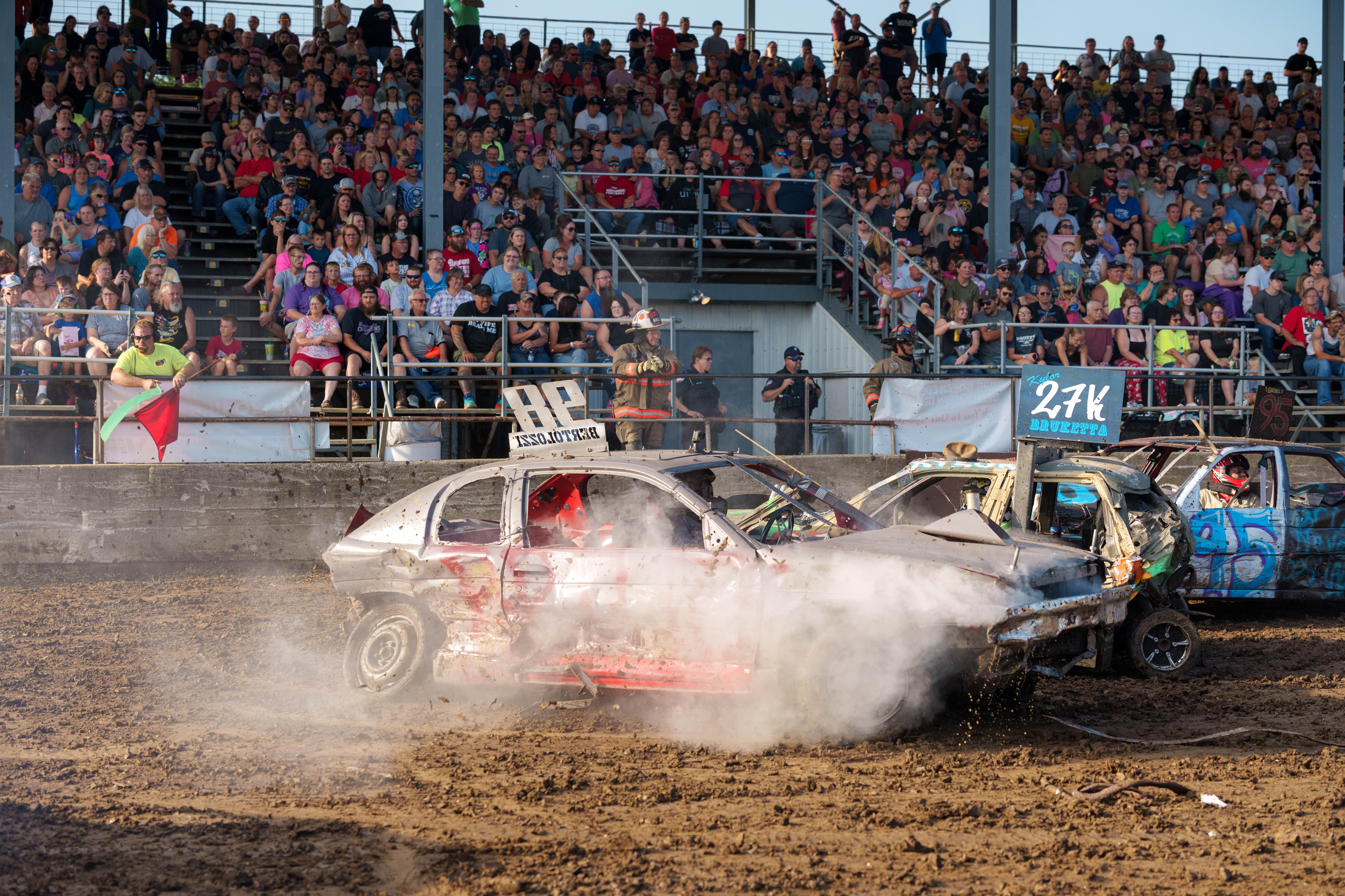 Demolition Derby at the Green County Fair in Monroe, Wisconsin on July 19th, 2025. Photography by Ross Harried for Second Crop Sports.