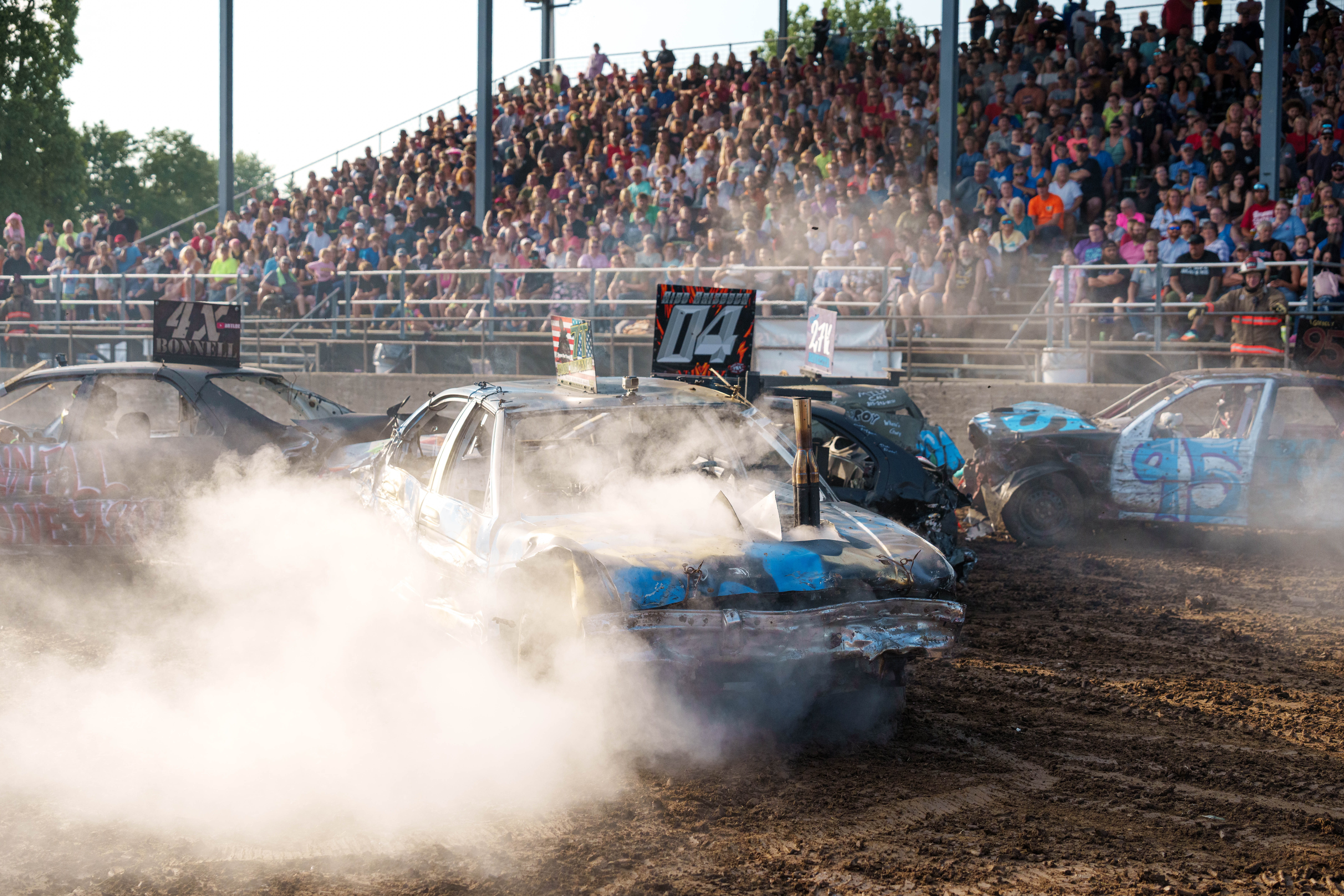 Demolition Derby at the Green County Fair in Monroe, Wisconsin on July 19th, 2025. Photography by Ross Harried for Second Crop Sports.