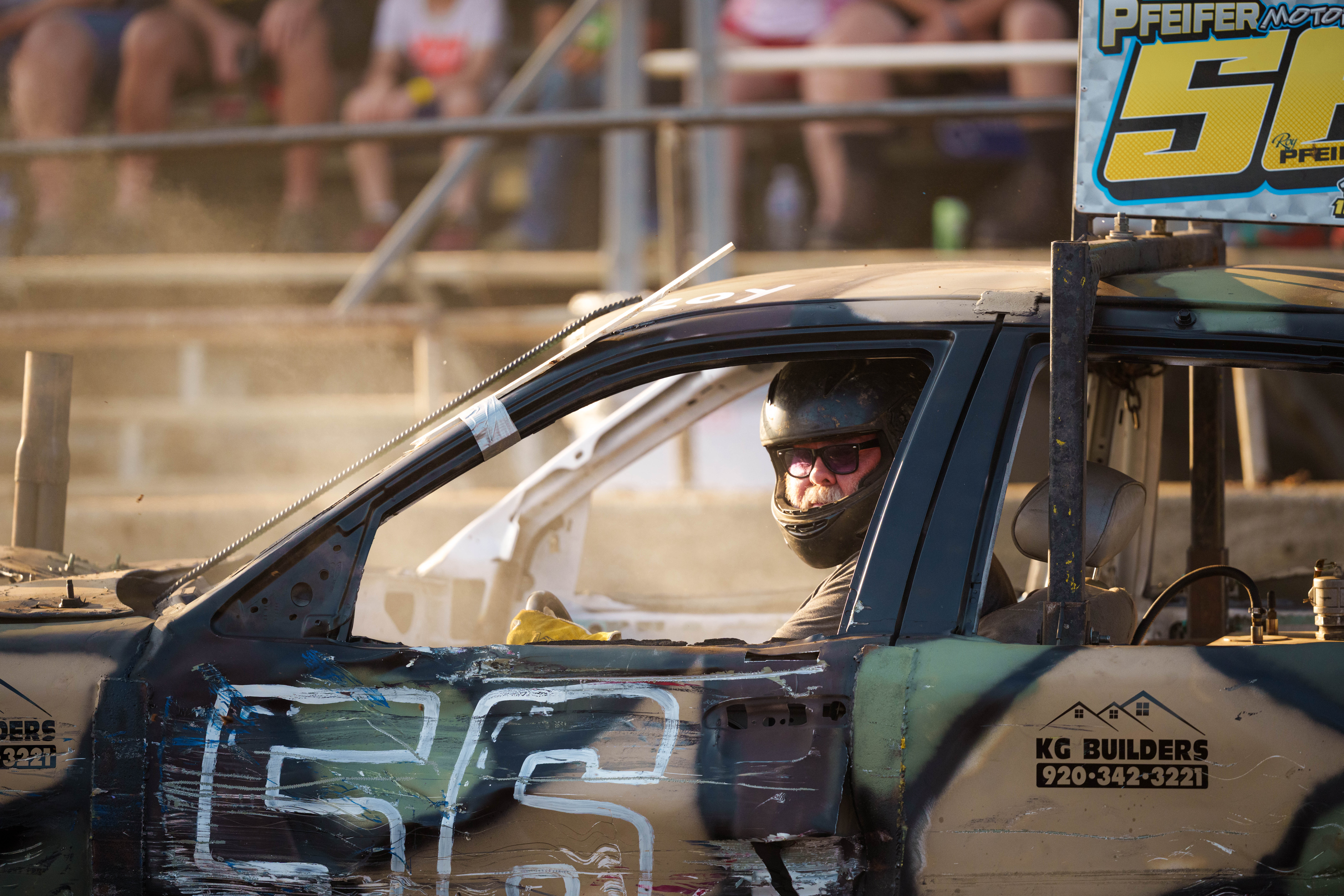 Demolition Derby at the Green County Fair in Monroe, Wisconsin on July 19th, 2025. Photography by Ross Harried for Second Crop Sports.
