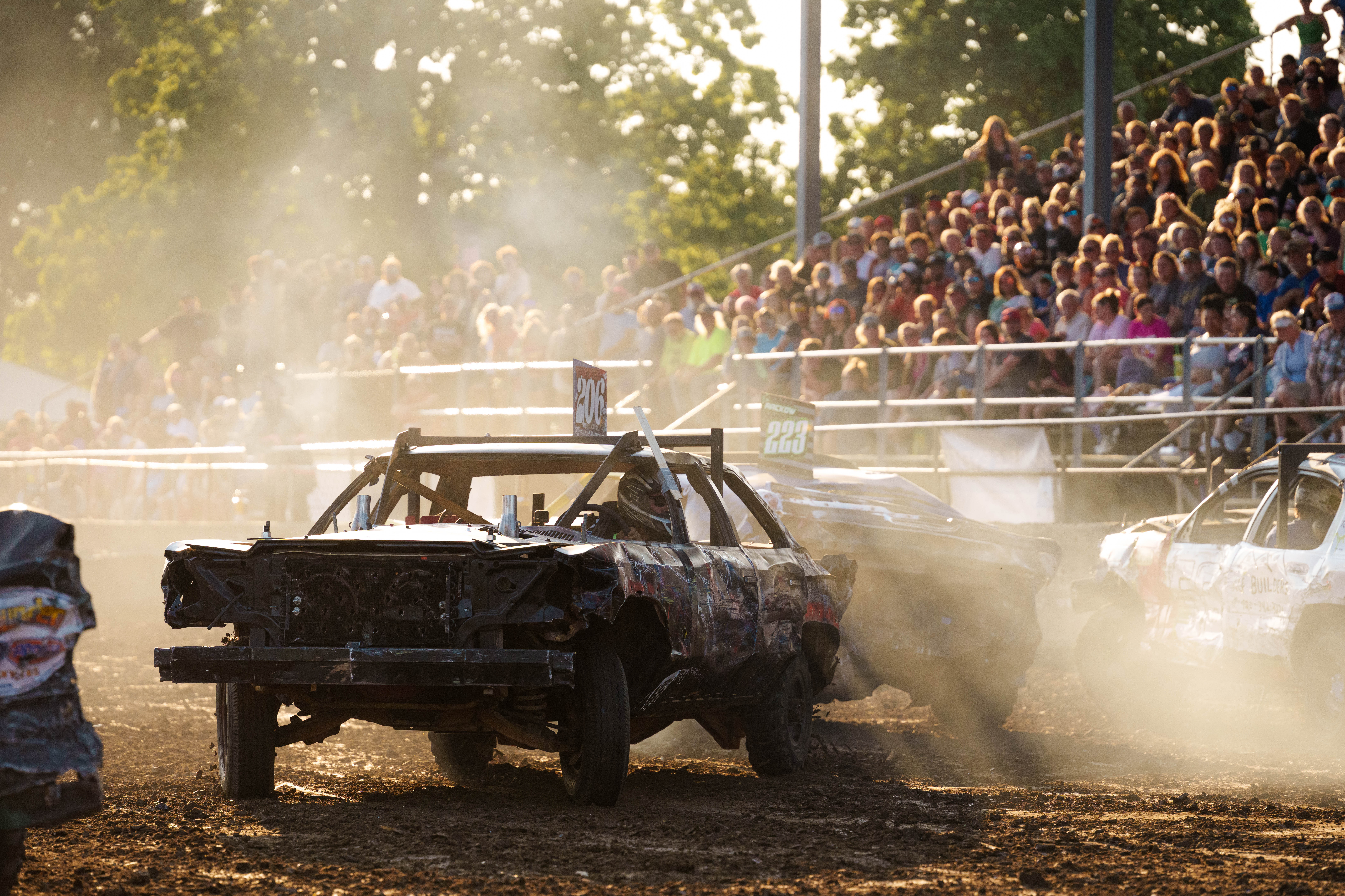 Demolition Derby at the Green County Fair in Monroe, Wisconsin on July 19th, 2025. Photography by Ross Harried for Second Crop Sports.