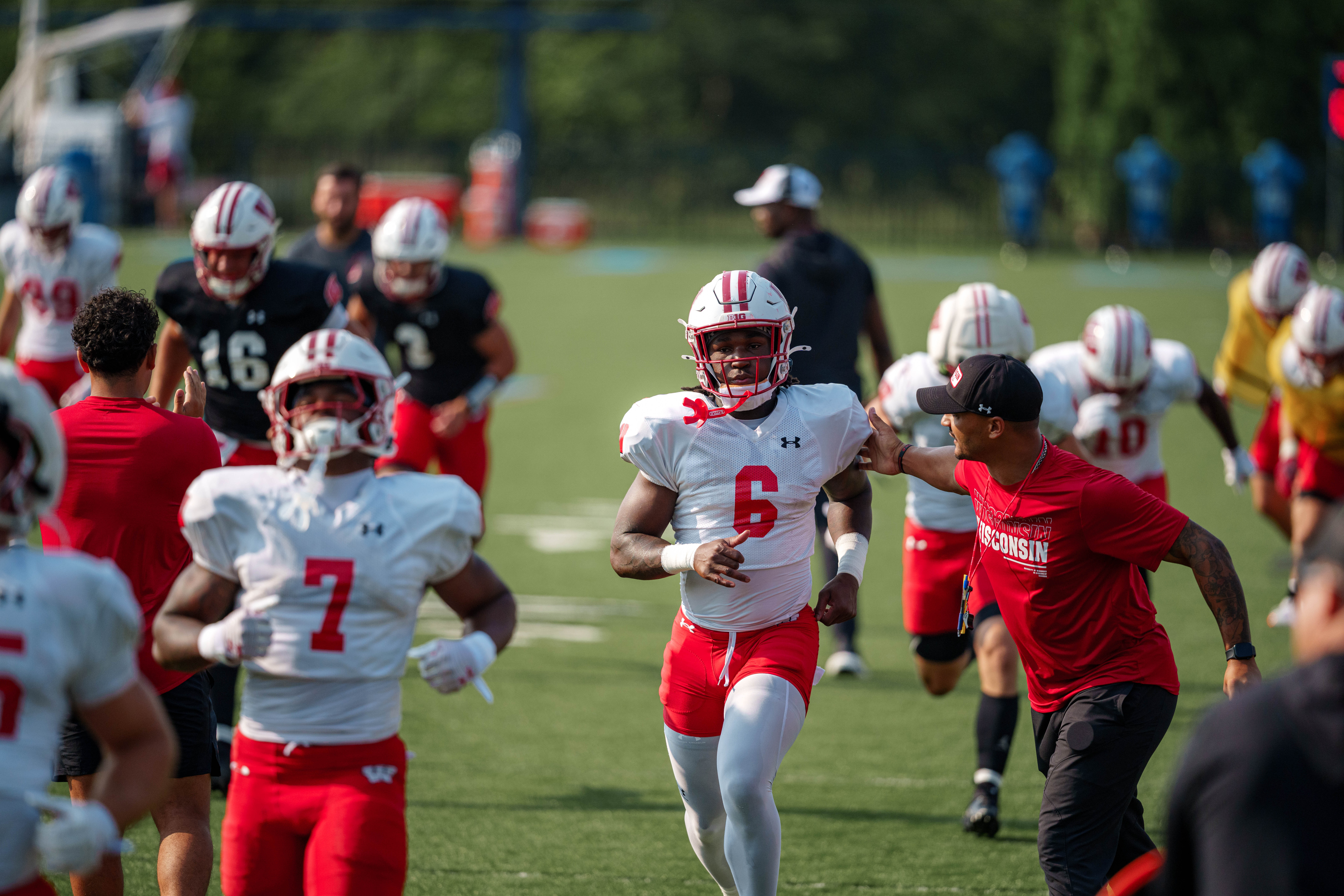 Wisconsin Badgers running back Darrion Dupree (6) does sprints during training camp at Ralph E. Davis Pioneer Stadium on August 03, 2025 in Platteville, Wisconsin. Photography by Ross Harried for Second Crop Sports.