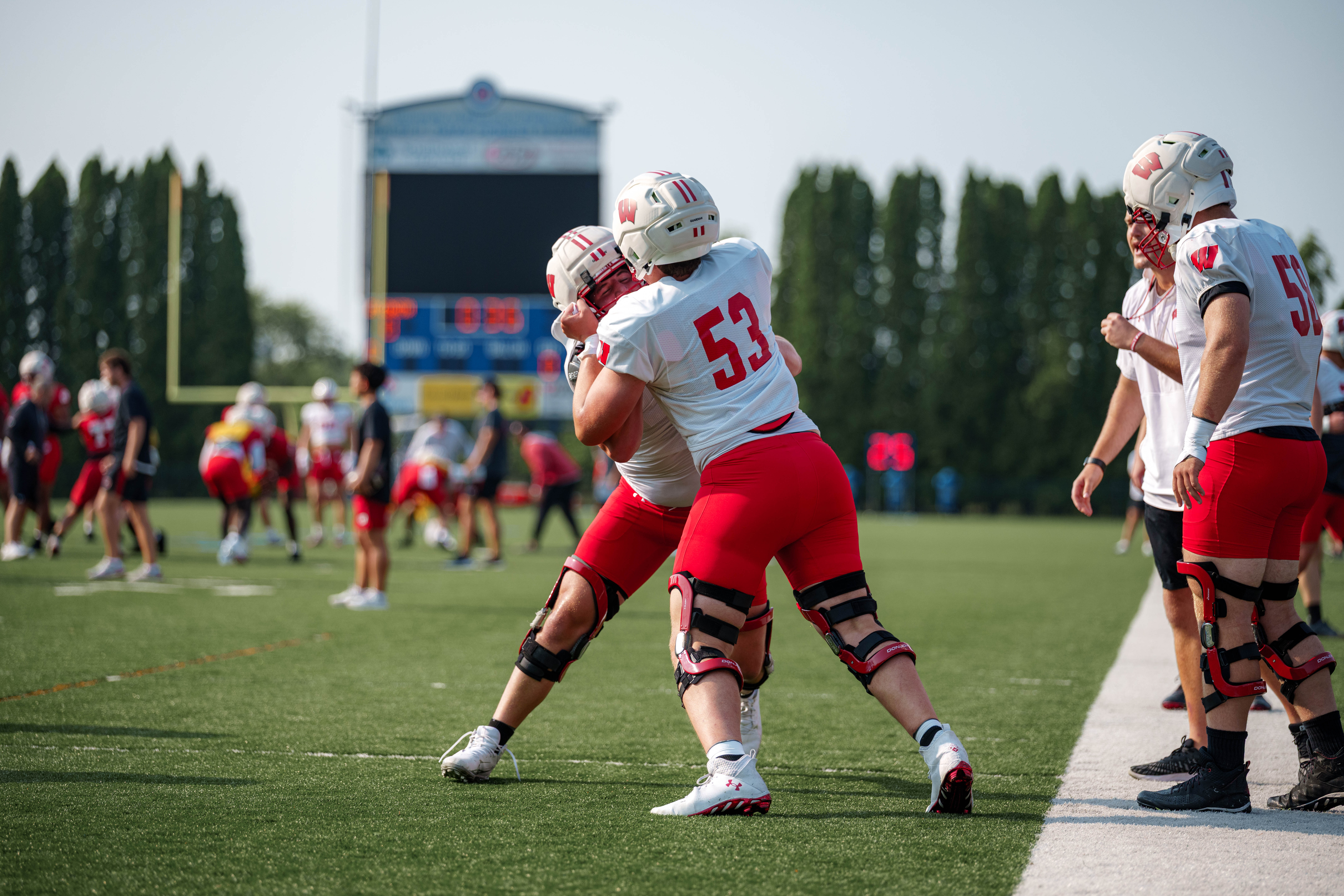 Wisconsin Badgers offensive lineman Cam Clark (53) during training camp at Ralph E. Davis Pioneer Stadium on August 03, 2025 in Platteville, Wisconsin. Photography by Ross Harried for Second Crop Sports.