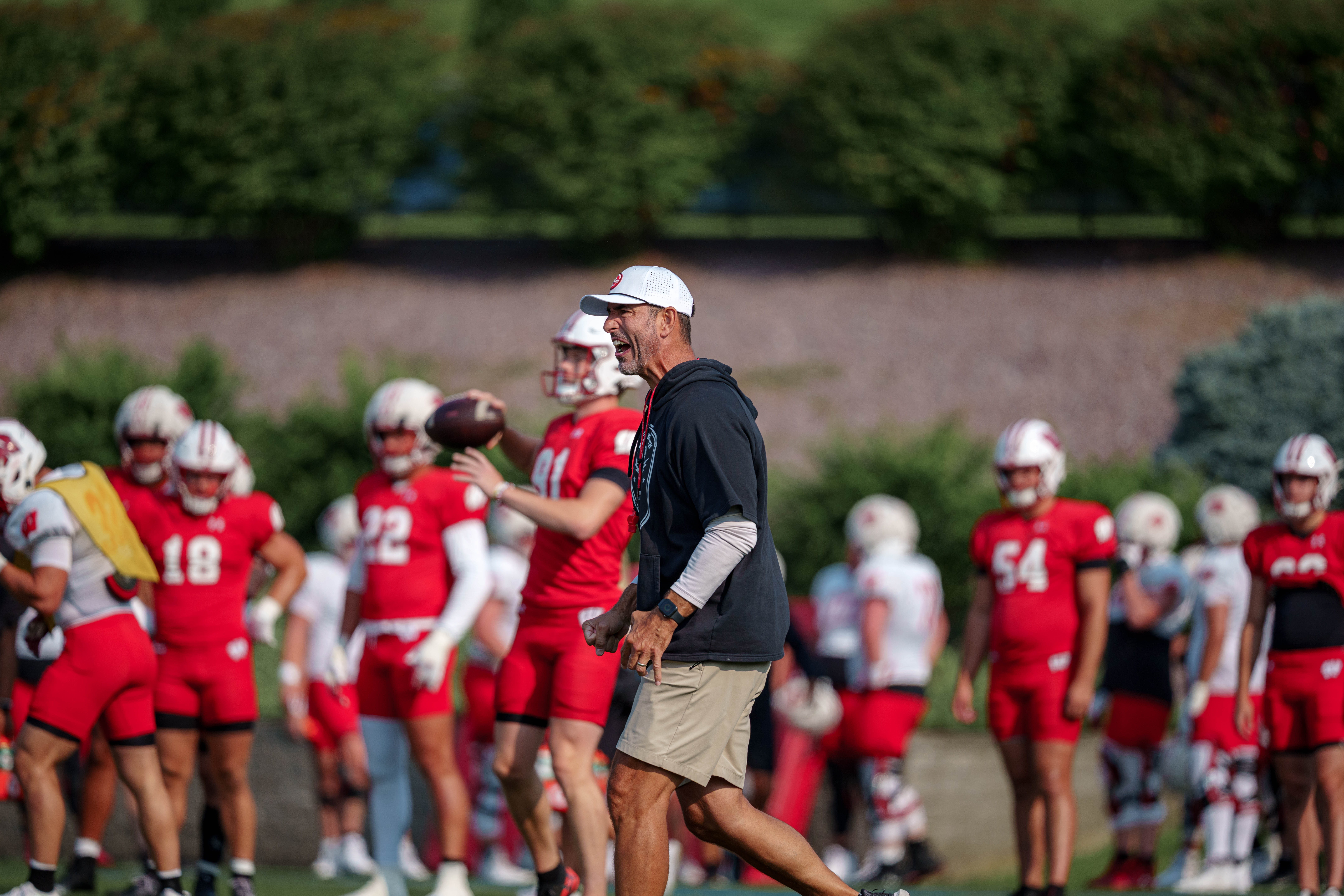 Wisconsin Badgers head coach Luke Fickell during training camp at Ralph E. Davis Pioneer Stadium on August 03, 2025 in Platteville, Wisconsin. Photography by Ross Harried for Second Crop Sports.