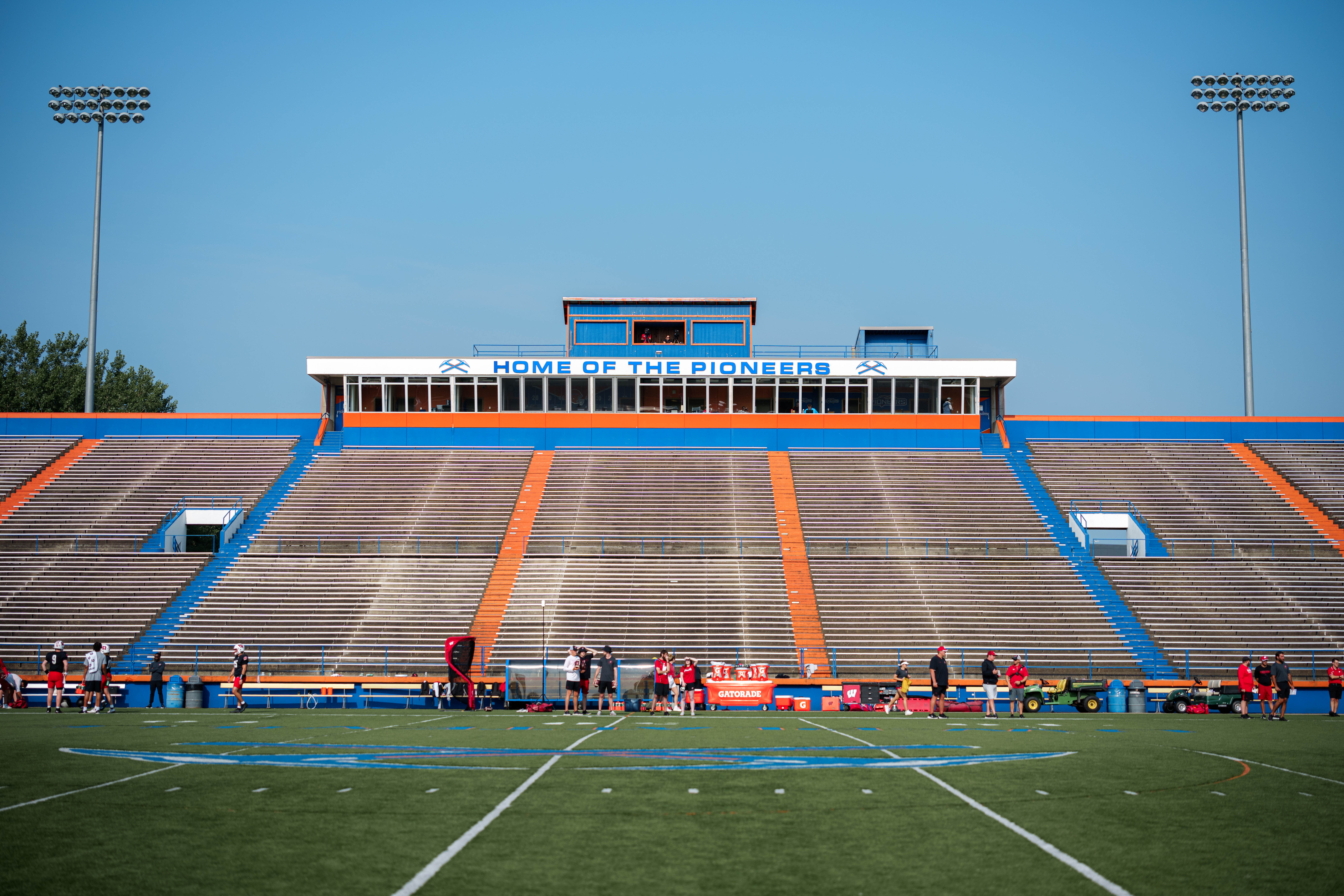 The Wisconsin Badgers Football team holds training camp at Ralph E. Davis Pioneer Stadium on August 03, 2025 in Platteville, Wisconsin. Photography by Ross Harried for Second Crop Sports.