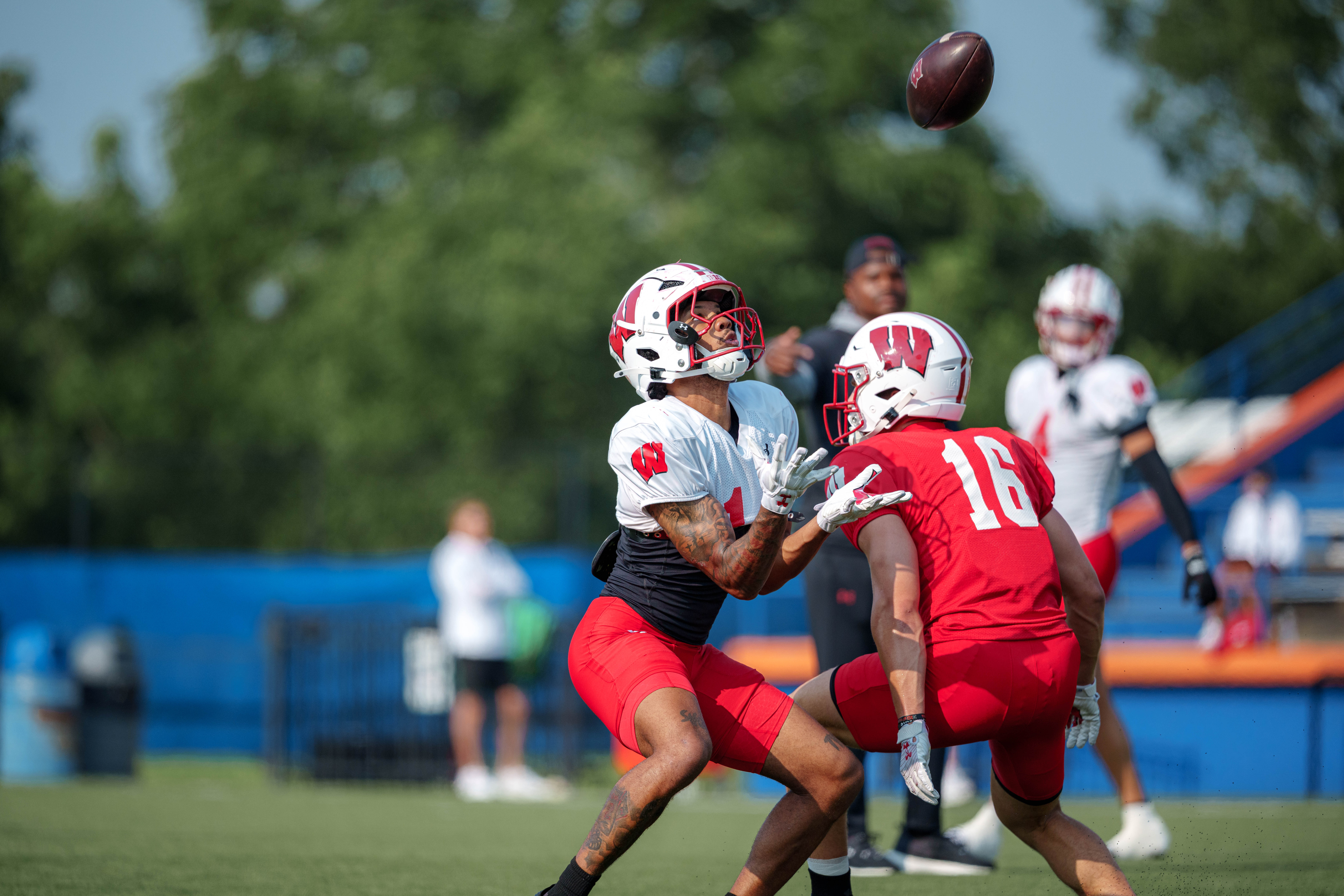 The Wisconsin Badgers Football team holds training camp at Ralph E. Davis Pioneer Stadium on August 03, 2025 in Platteville, Wisconsin. Photography by Ross Harried for Second Crop Sports.