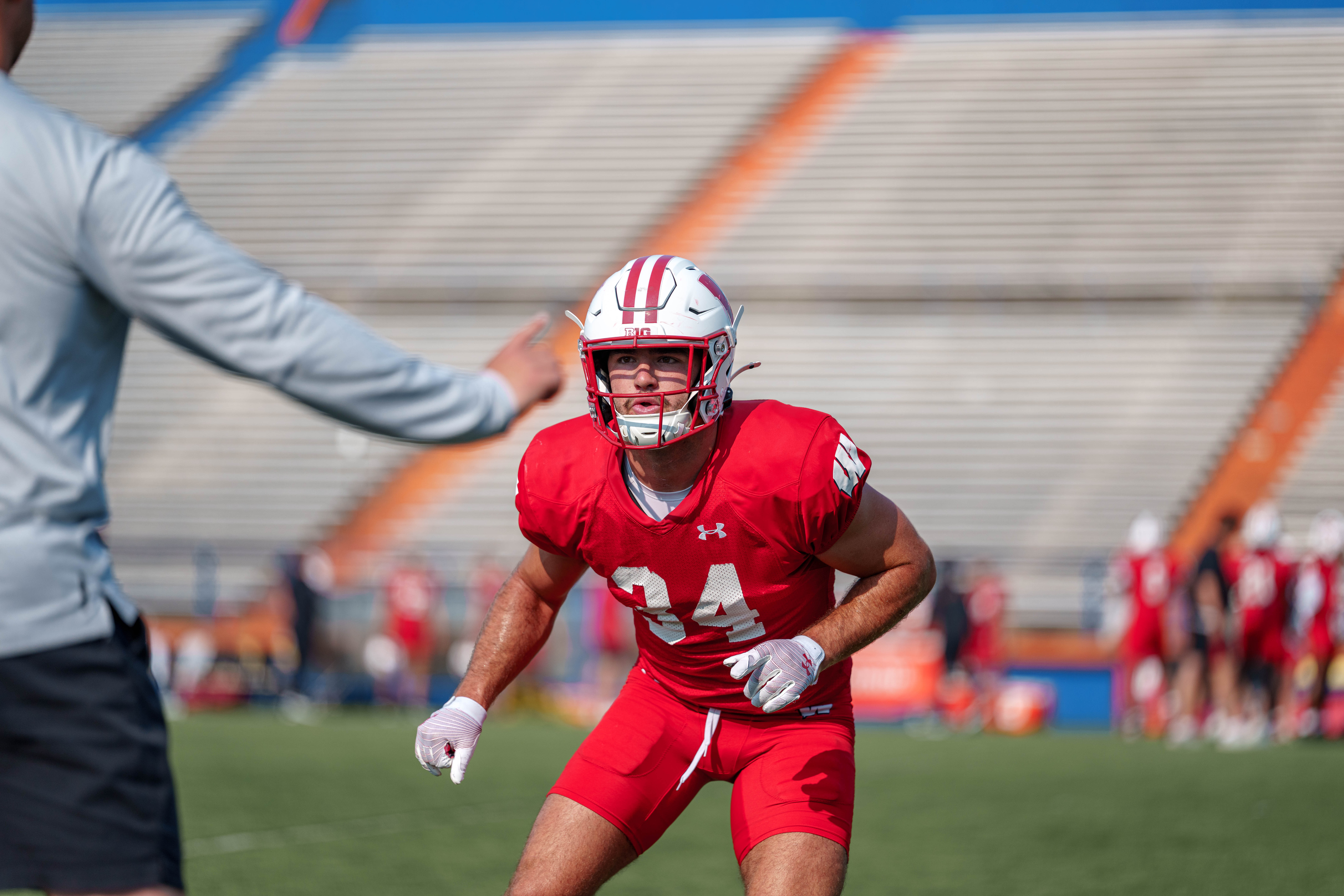 Wisconsin Badgers safety Charlie Jarvis (34) doing drills during training camp at Ralph E. Davis Pioneer Stadium on August 03, 2025 in Platteville, Wisconsin. Photography by Ross Harried for Second Crop Sports.