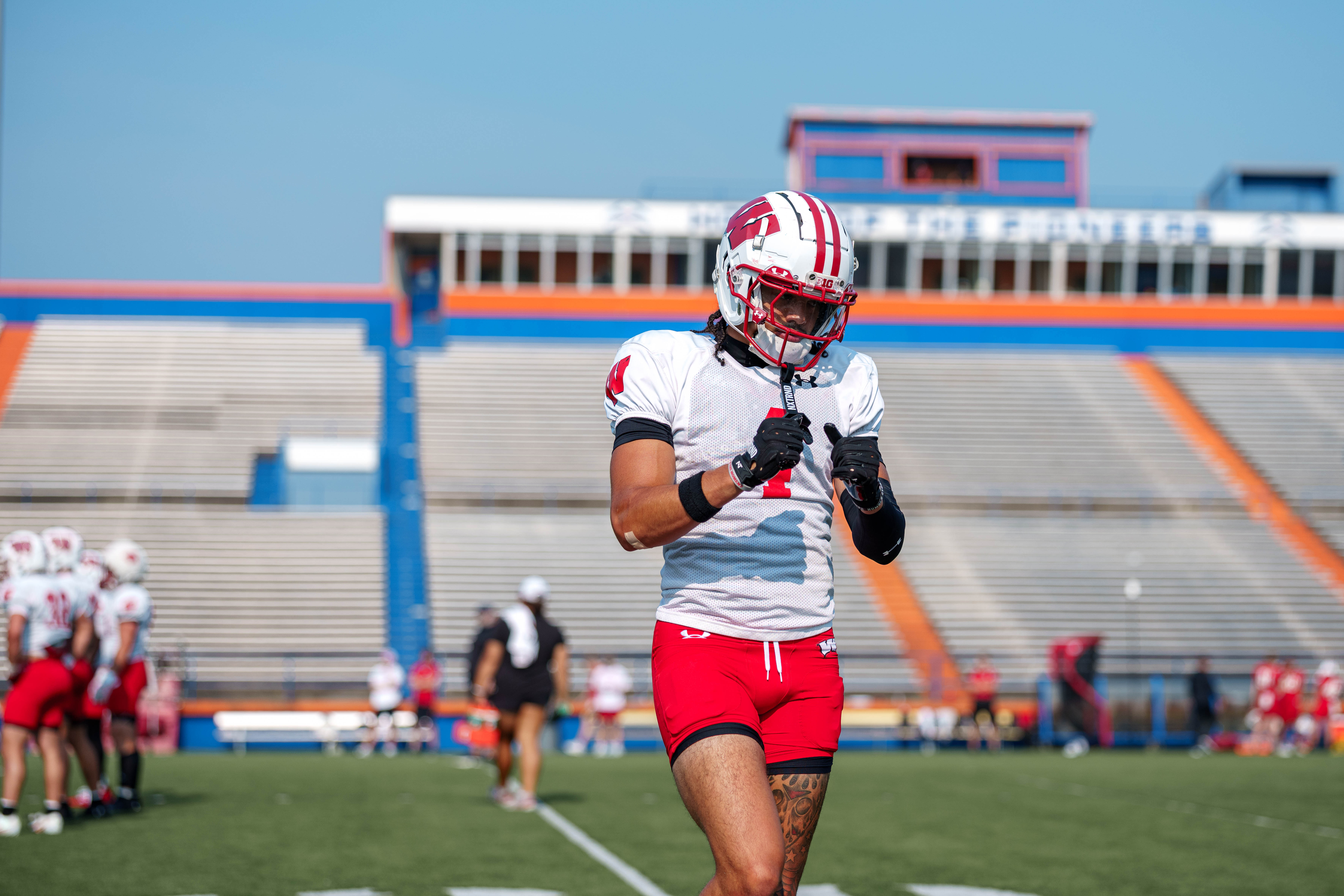 Wisconsin Badgers wide receiver Jayden Ballard (4) during training camp at Ralph E. Davis Pioneer Stadium on August 03, 2025 in Platteville, Wisconsin. Photography by Ross Harried for Second Crop Sports.