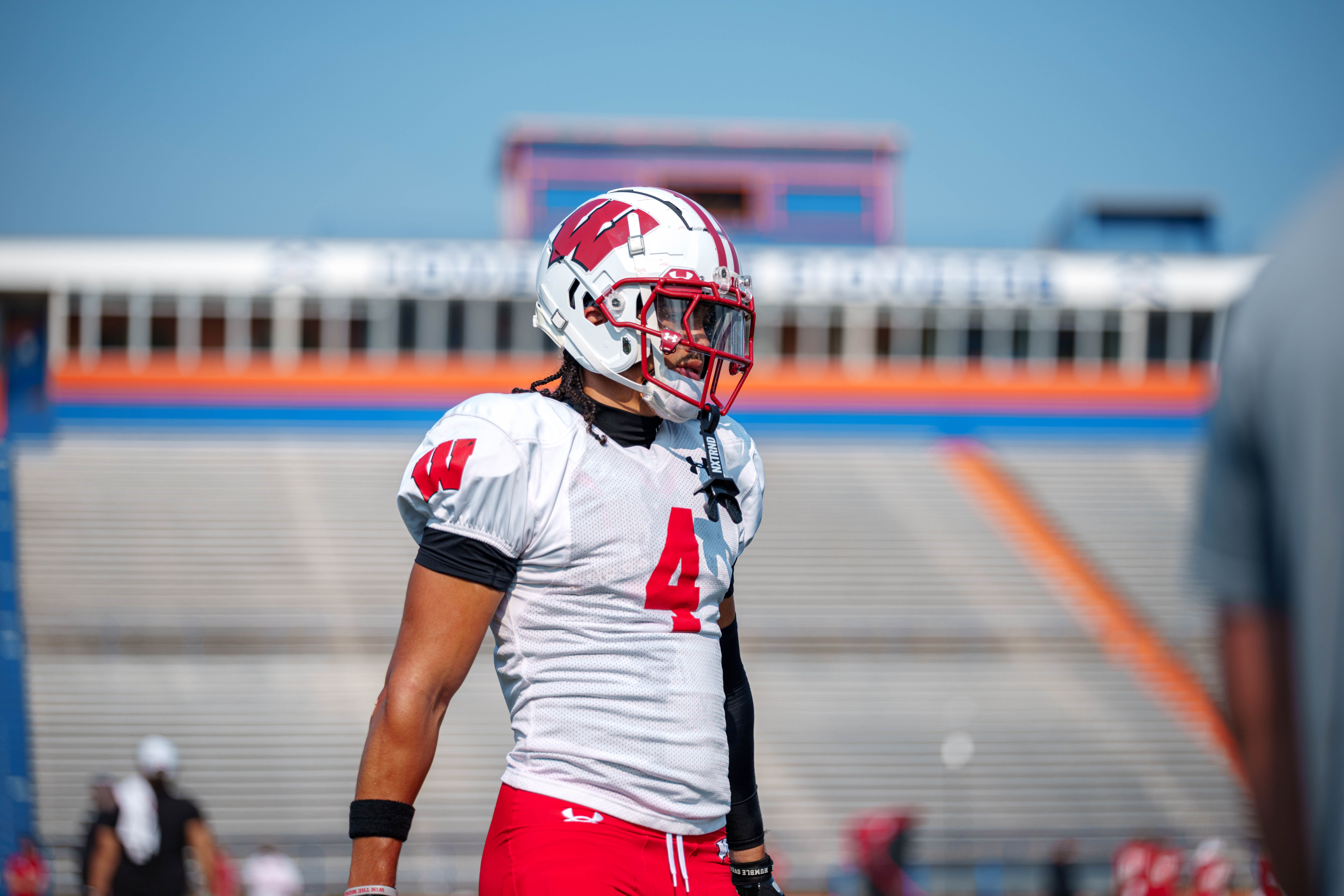 Wisconsin Badgers wide receiver Jayden Ballard (4) during training camp at Ralph E. Davis Pioneer Stadium on August 03, 2025 in Platteville, Wisconsin. Photography by Ross Harried for Second Crop Sports.