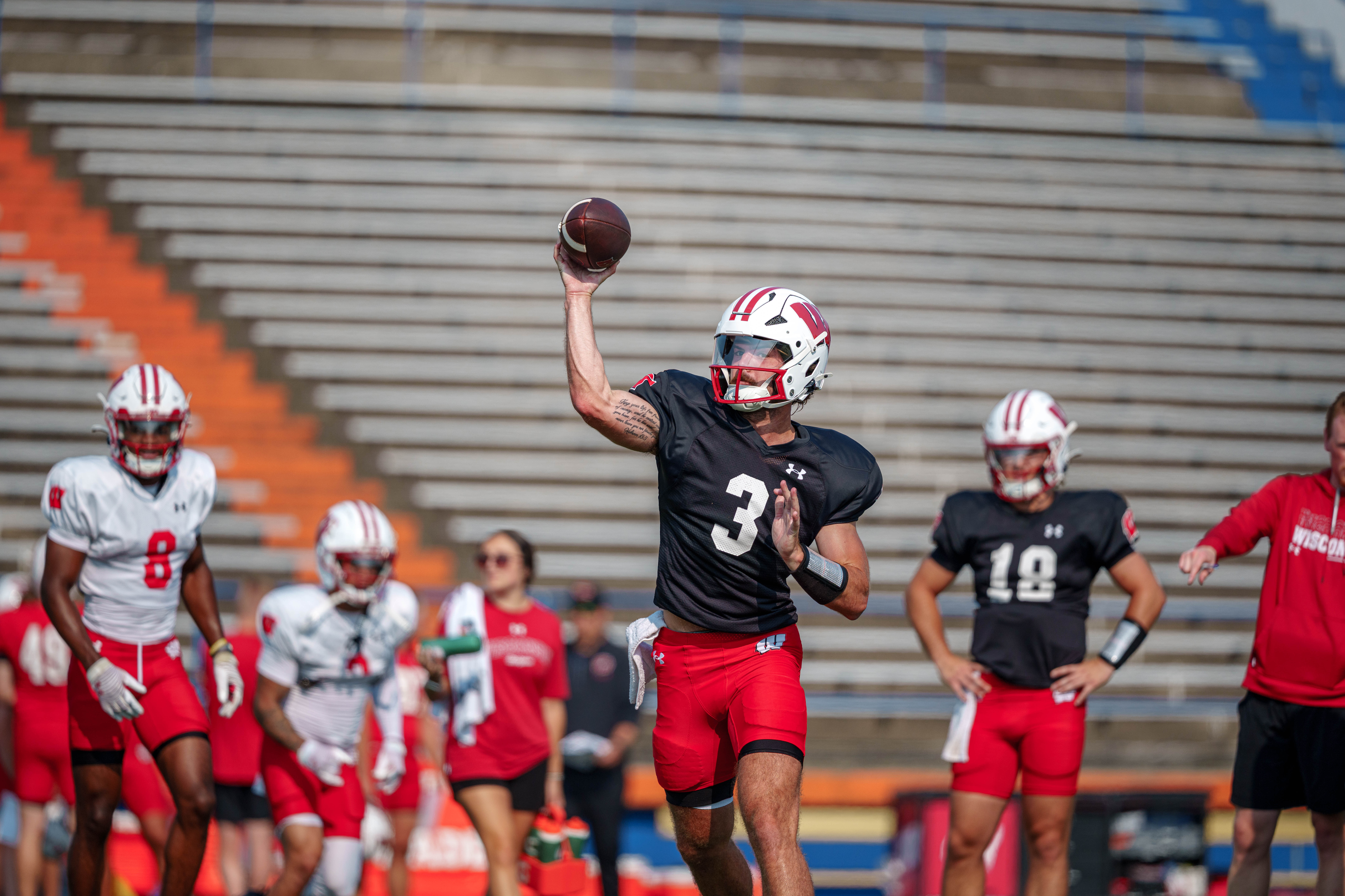 Wisconsin Badgers quarterback Carter Smith (3) throws a pass during training camp at Ralph E. Davis Pioneer Stadium on August 03, 2025 in Platteville, Wisconsin. Photography by Ross Harried for Second Crop Sports.
