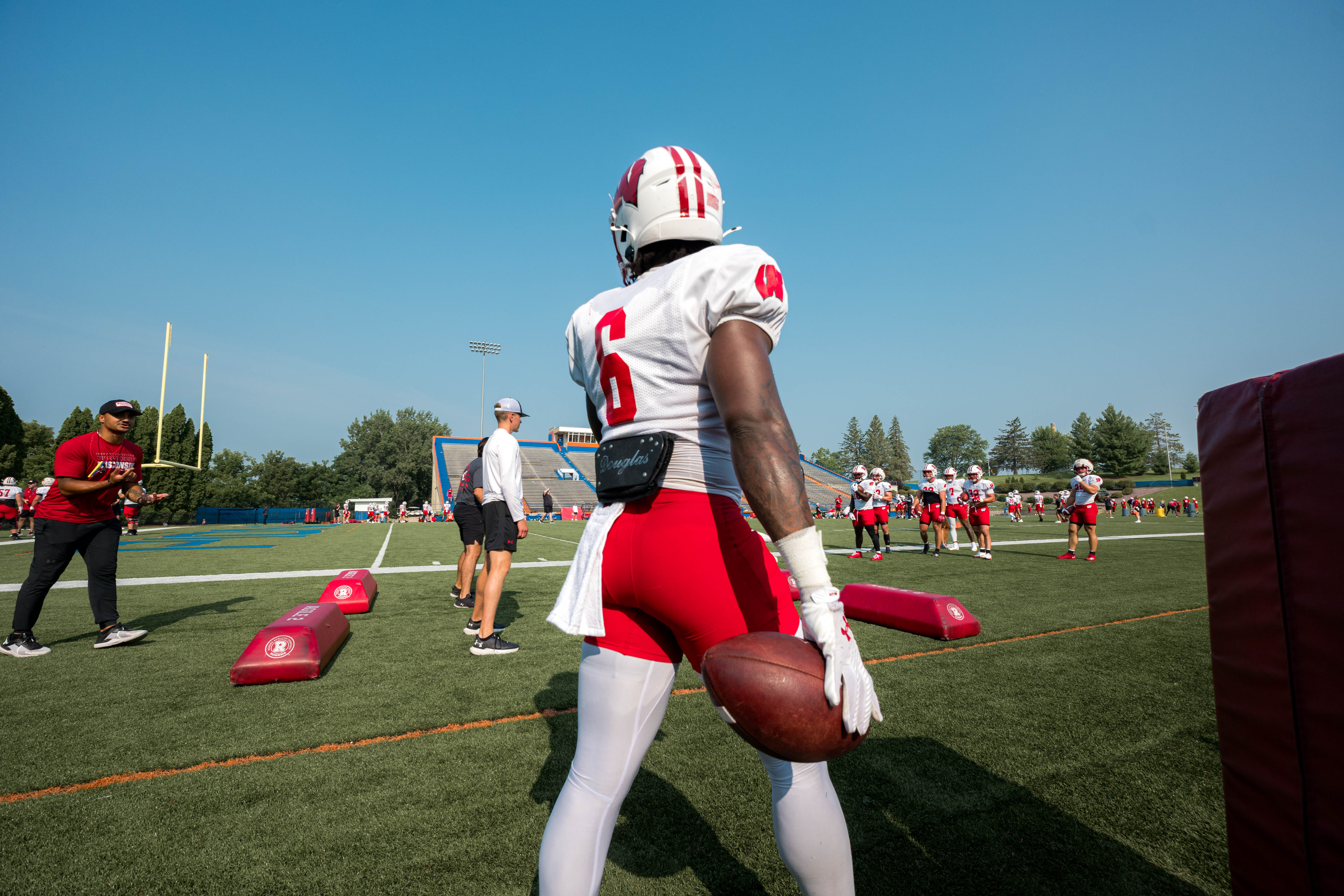 Wisconsin Badgers running back Darrion Dupree (6) walks back to the line during training camp drills at Ralph E. Davis Pioneer Stadium on August 03, 2025 in Platteville, Wisconsin. Photography by Ross Harried for Second Crop Sports.