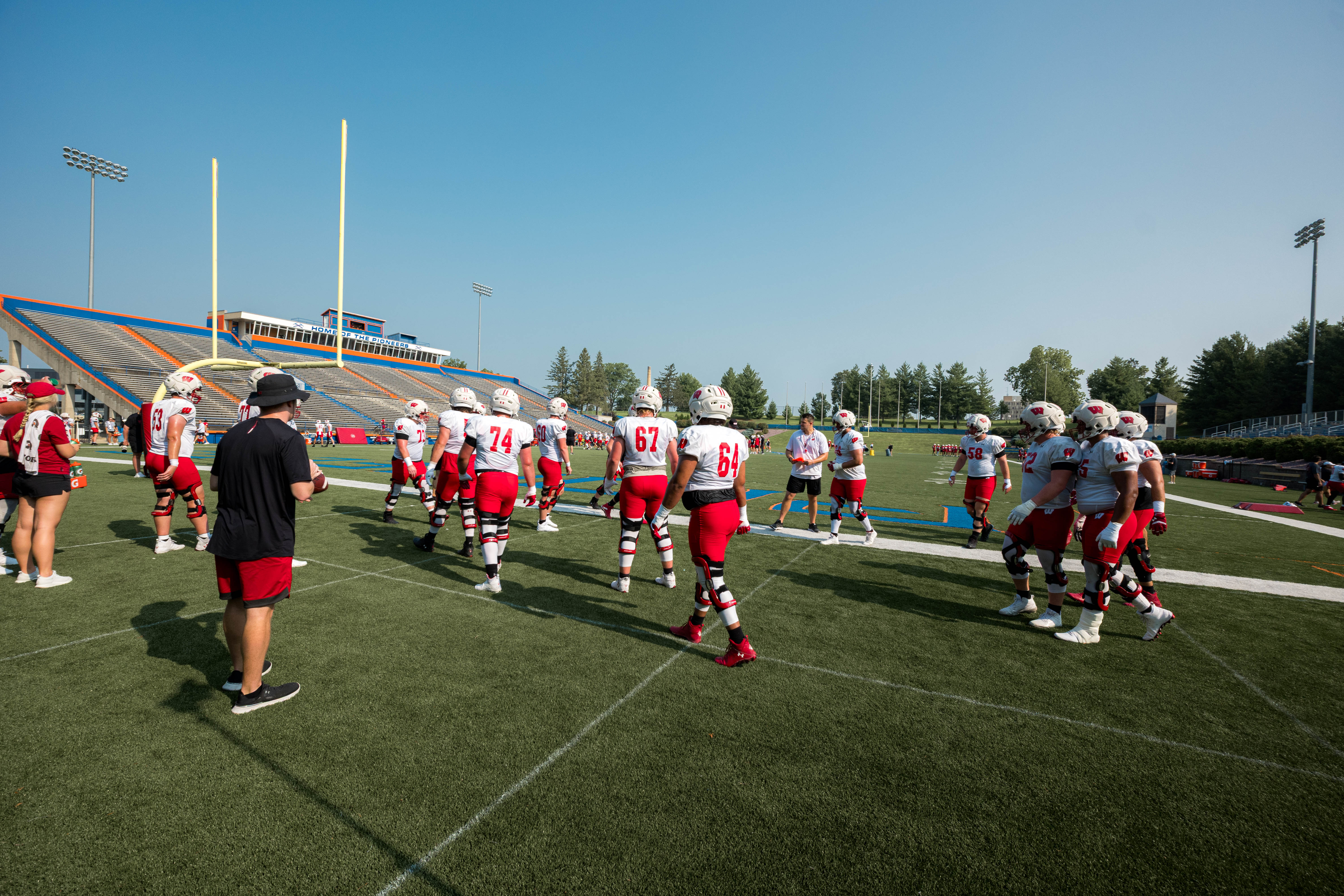 The Wisconsin Badgers Football team holds training camp at Ralph E. Davis Pioneer Stadium on August 03, 2025 in Platteville, Wisconsin. Photography by Ross Harried for Second Crop Sports.