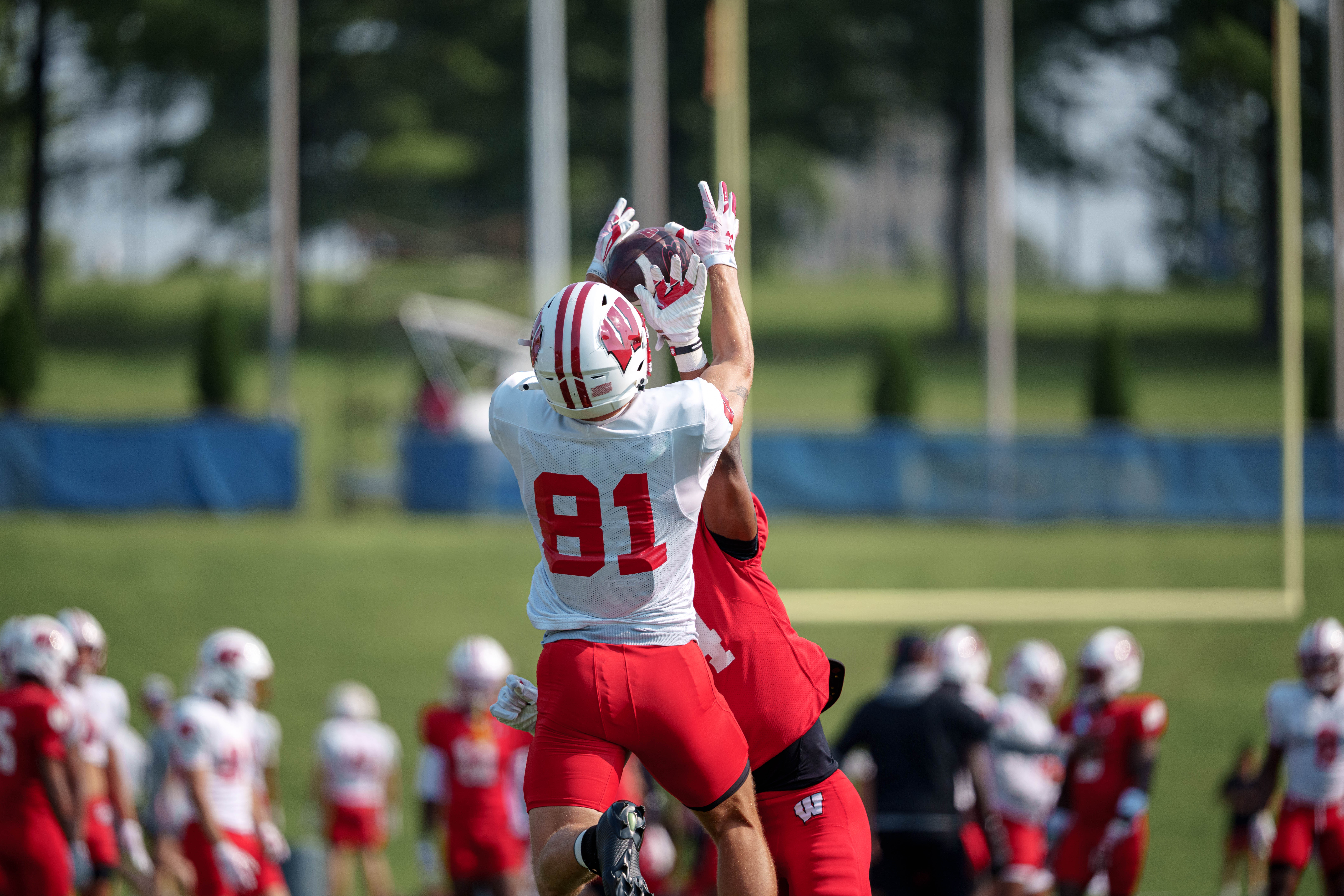 Wisconsin Badgers wide receiver Mason Kelley (81) attempts to catch the ball during training camp at Ralph E. Davis Pioneer Stadium on August 03, 2025 in Platteville, Wisconsin. Photography by Ross Harried for Second Crop Sports.