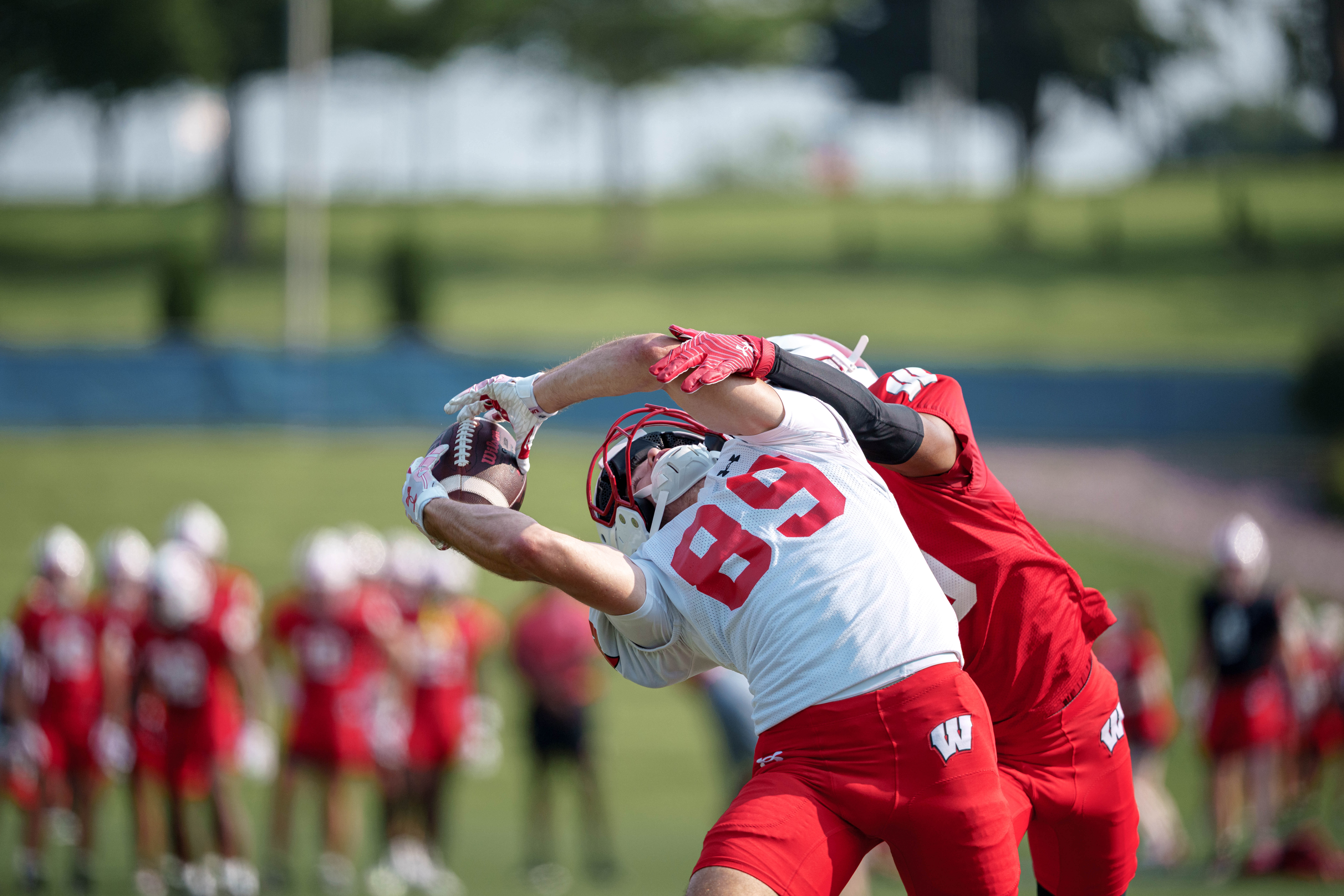 Wisconsin Badgers wide receiver Ben Lemirand (89) makes a catch during training camp at Ralph E. Davis Pioneer Stadium on August 03, 2025 in Platteville, Wisconsin. Photography by Ross Harried for Second Crop Sports.