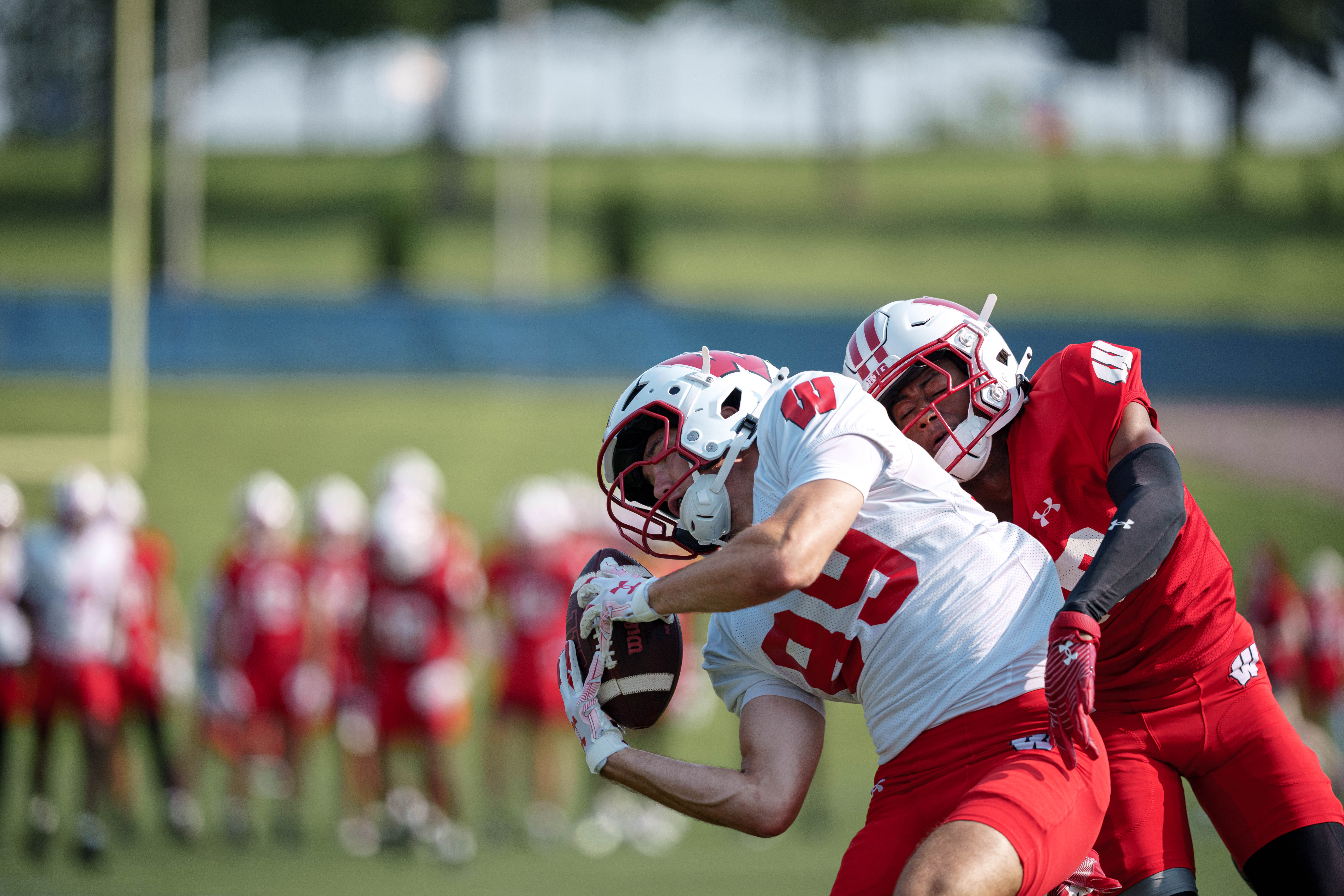 Wisconsin Badgers wide receiver Ben Lemirand (89) makes a catch during training camp at Ralph E. Davis Pioneer Stadium on August 03, 2025 in Platteville, Wisconsin. Photography by Ross Harried for Second Crop Sports.