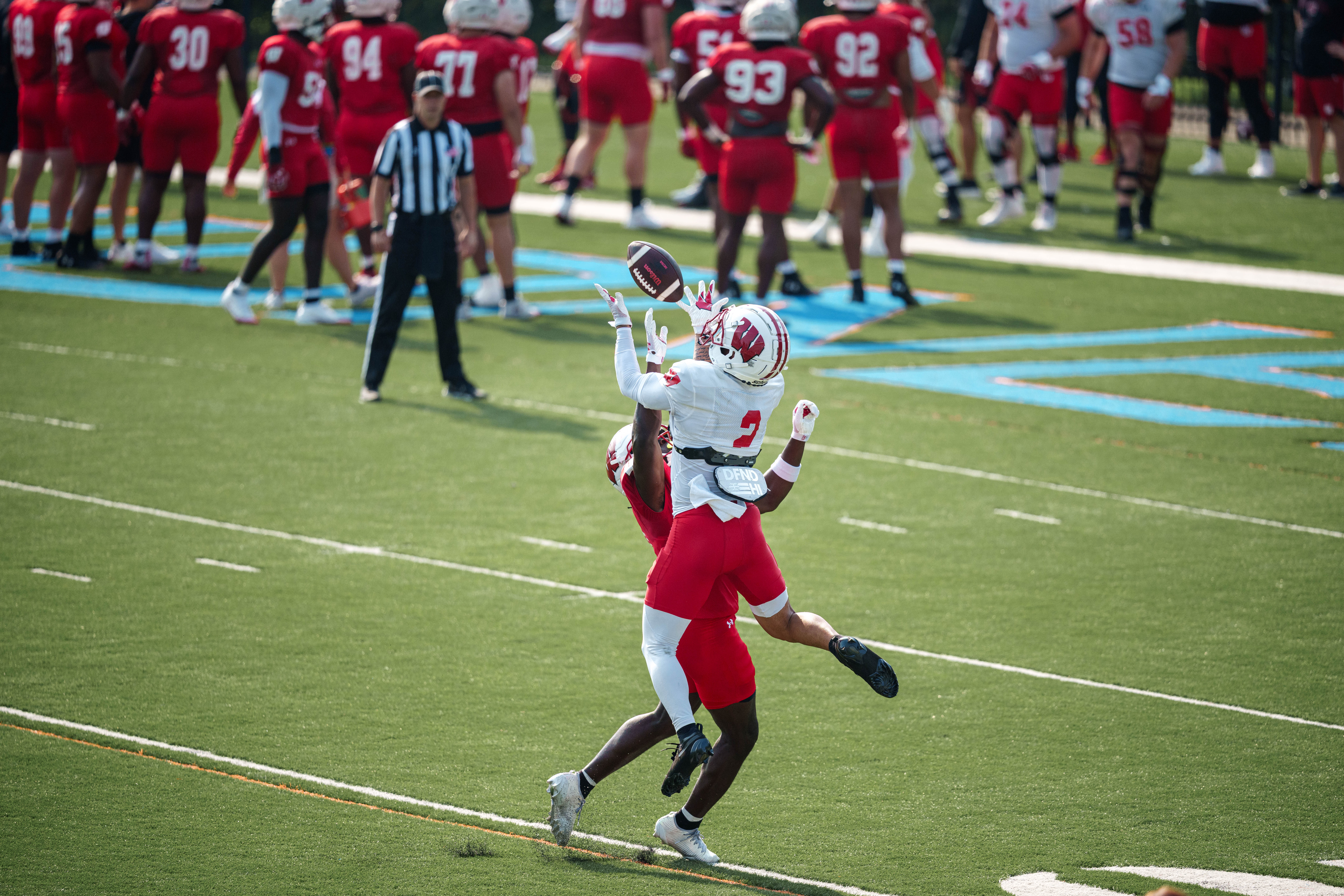 Wisconsin Badgers wide receiver Trech Kekahuna (2) attempts a catch during training camp at Ralph E. Davis Pioneer Stadium on August 03, 2025 in Platteville, Wisconsin. Photography by Ross Harried for Second Crop Sports.
