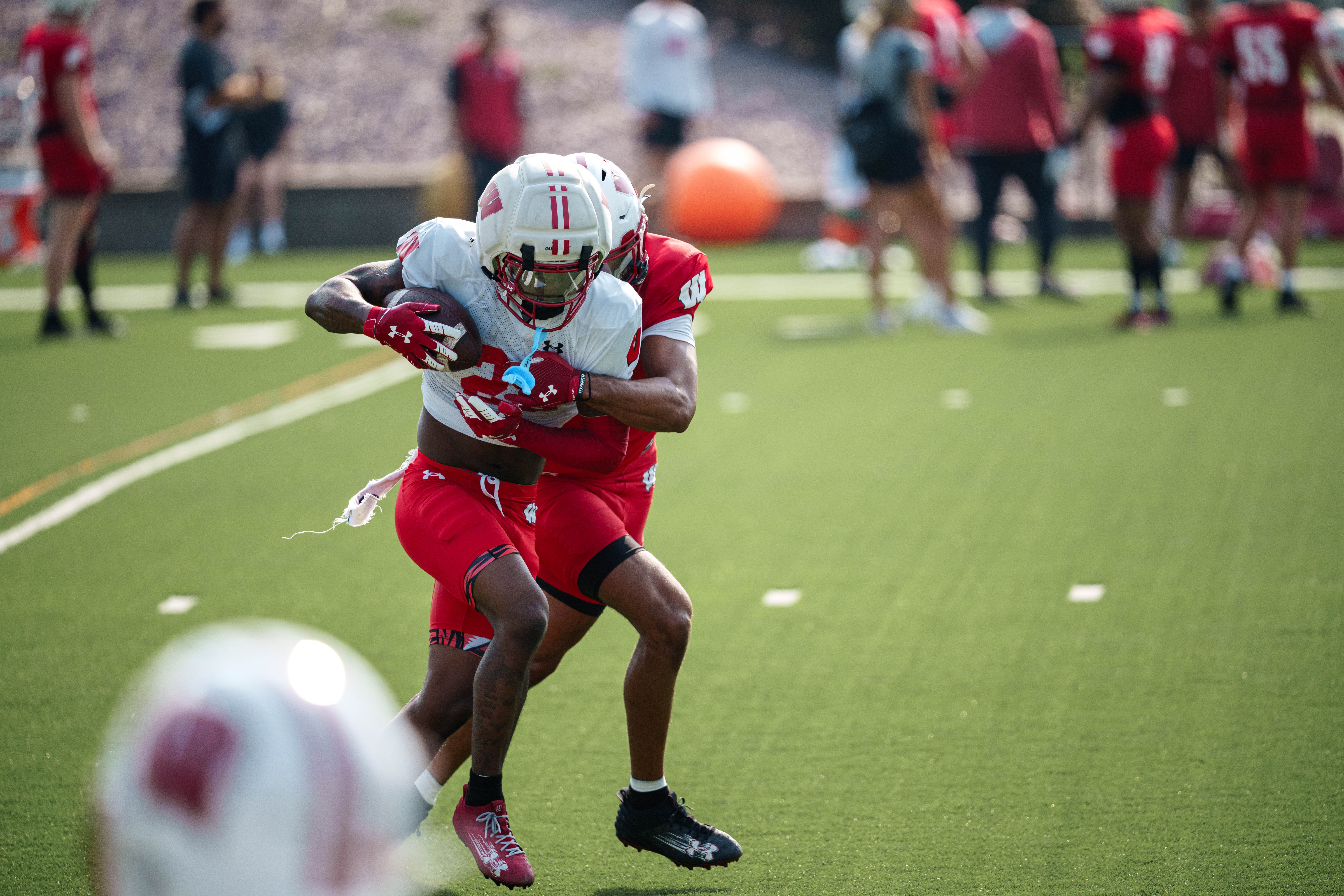 Wisconsin Badgers wide receiver Kyan Berry-Johnson (22) makes a catch during training camp at Ralph E. Davis Pioneer Stadium on August 03, 2025 in Platteville, Wisconsin. Photography by Ross Harried for Second Crop Sports.