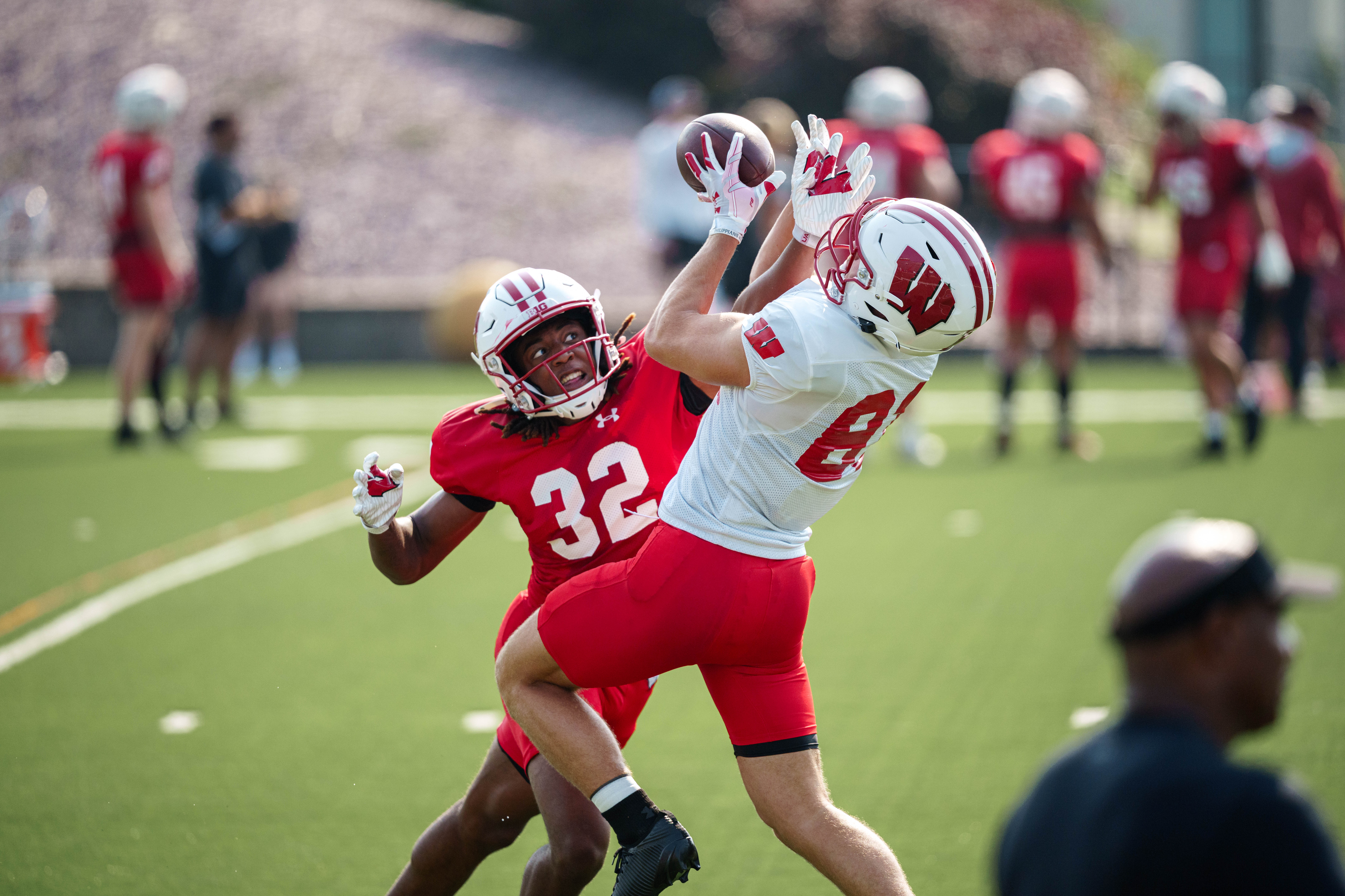 Wisconsin Badgers safety Remington Moss (32) defends a pass during training camp at Ralph E. Davis Pioneer Stadium on August 03, 2025 in Platteville, Wisconsin. Photography by Ross Harried for Second Crop Sports.
