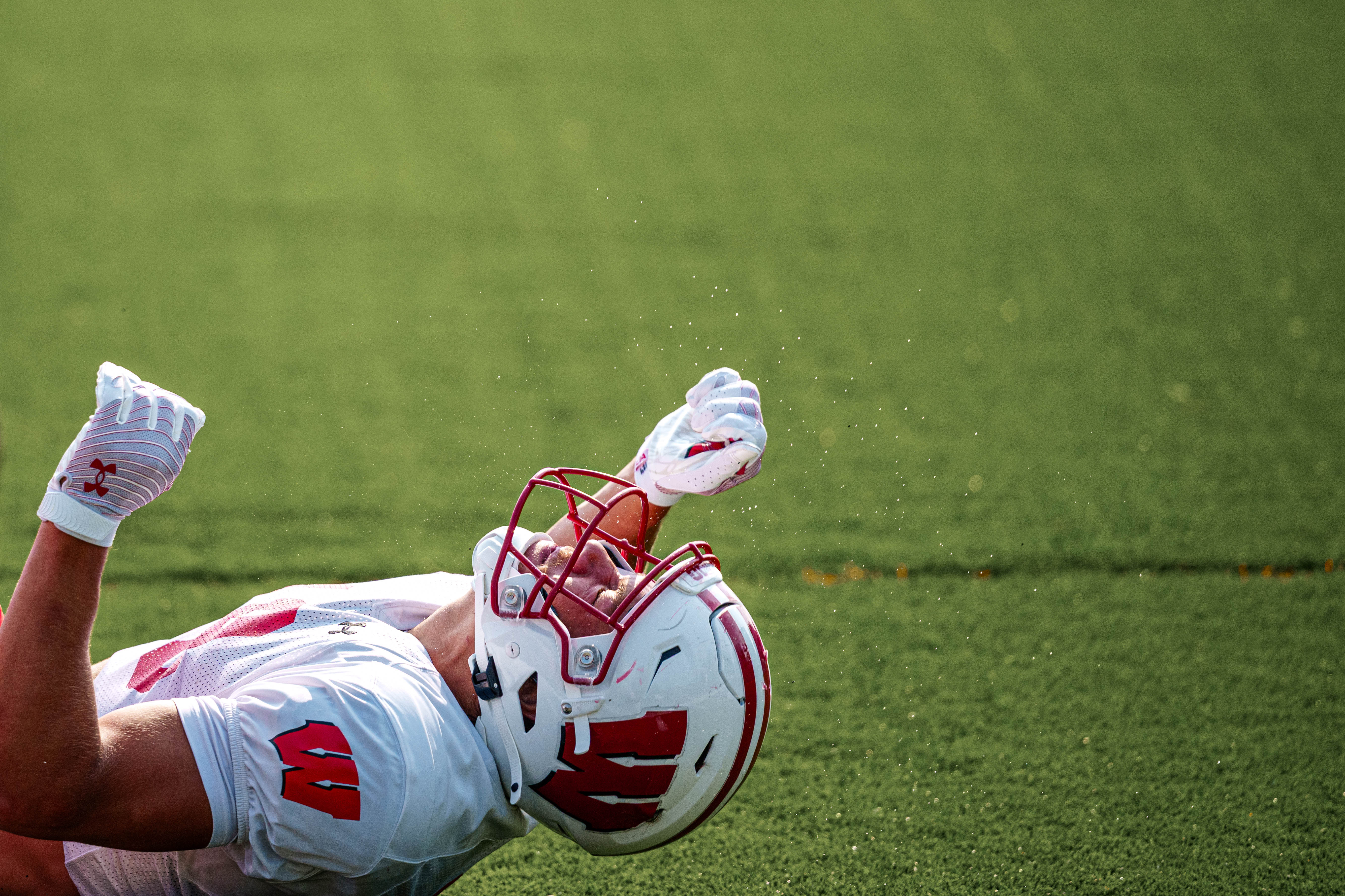 The Wisconsin Badgers Football team holds training camp at Ralph E. Davis Pioneer Stadium on August 03, 2025 in Platteville, Wisconsin. Photography by Ross Harried for Second Crop Sports.