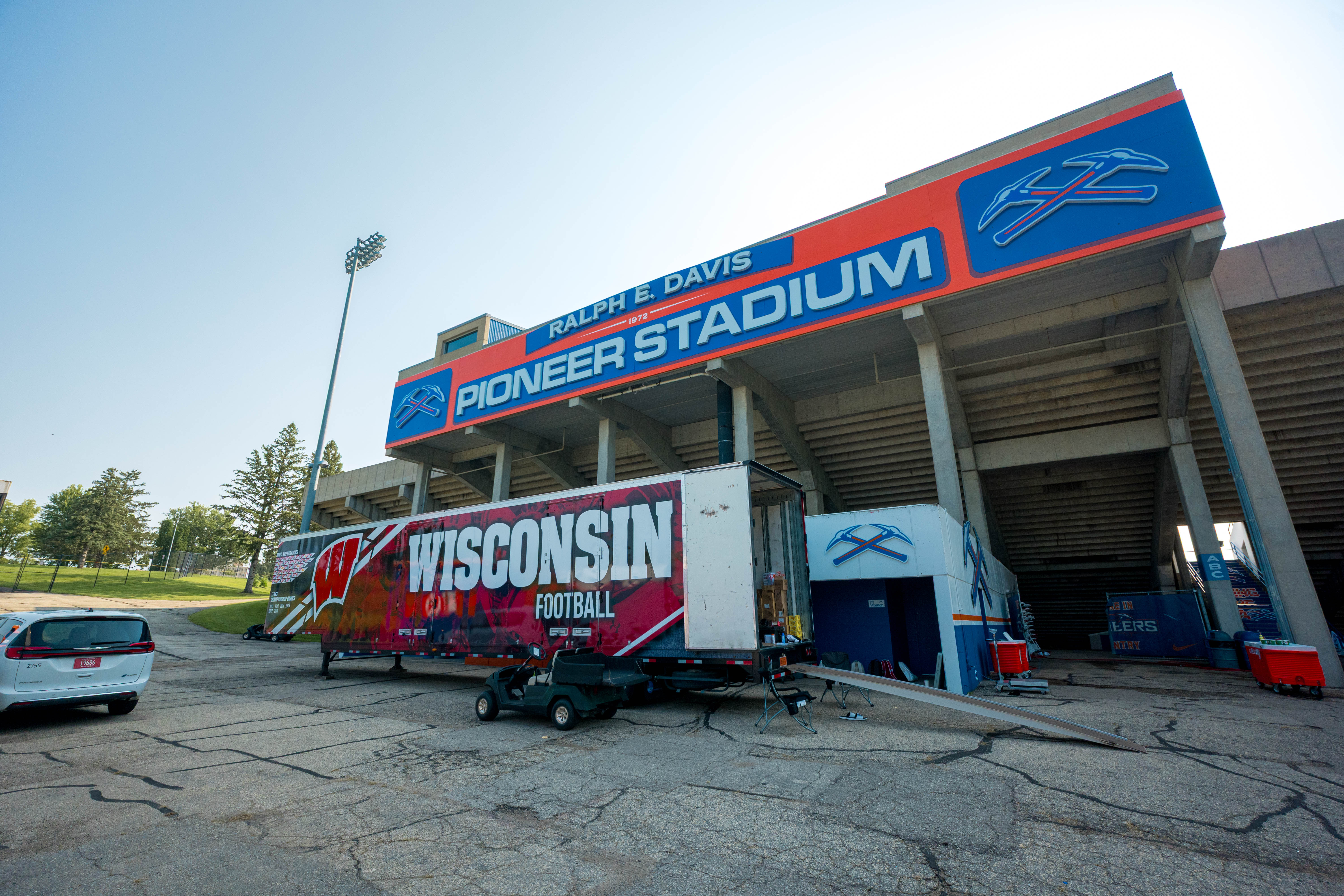 The Wisconsin Badgers Football team holds training camp at Ralph E. Davis Pioneer Stadium on August 03, 2025 in Platteville, Wisconsin. Photography by Ross Harried for Second Crop Sports.