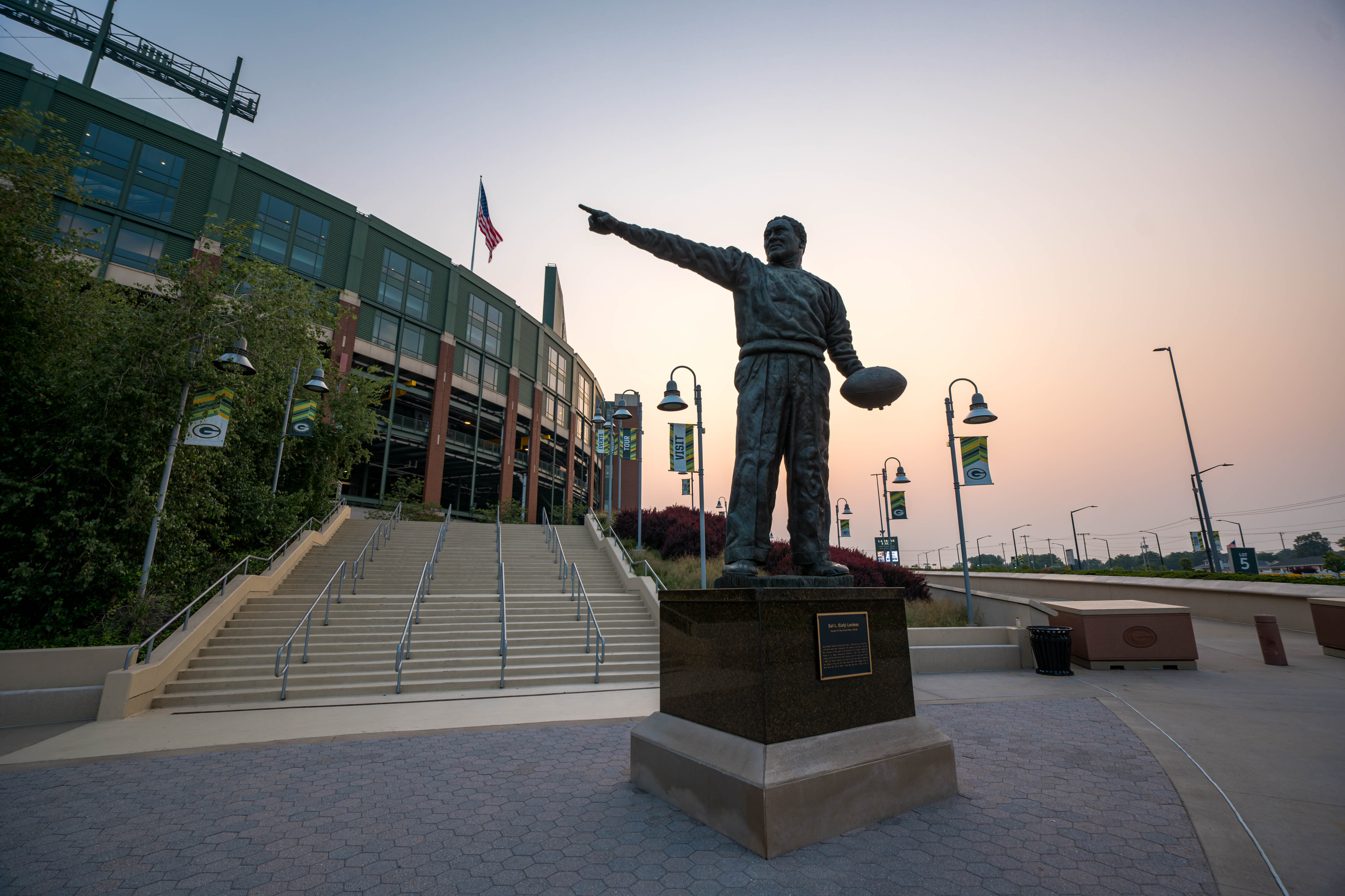 The Curly Lambeau statue is seen outside Lambeau Field in Green Bay, Wisconsin, on August 6th, 2025. Photography by Ross Harried for Second Crop Sports.