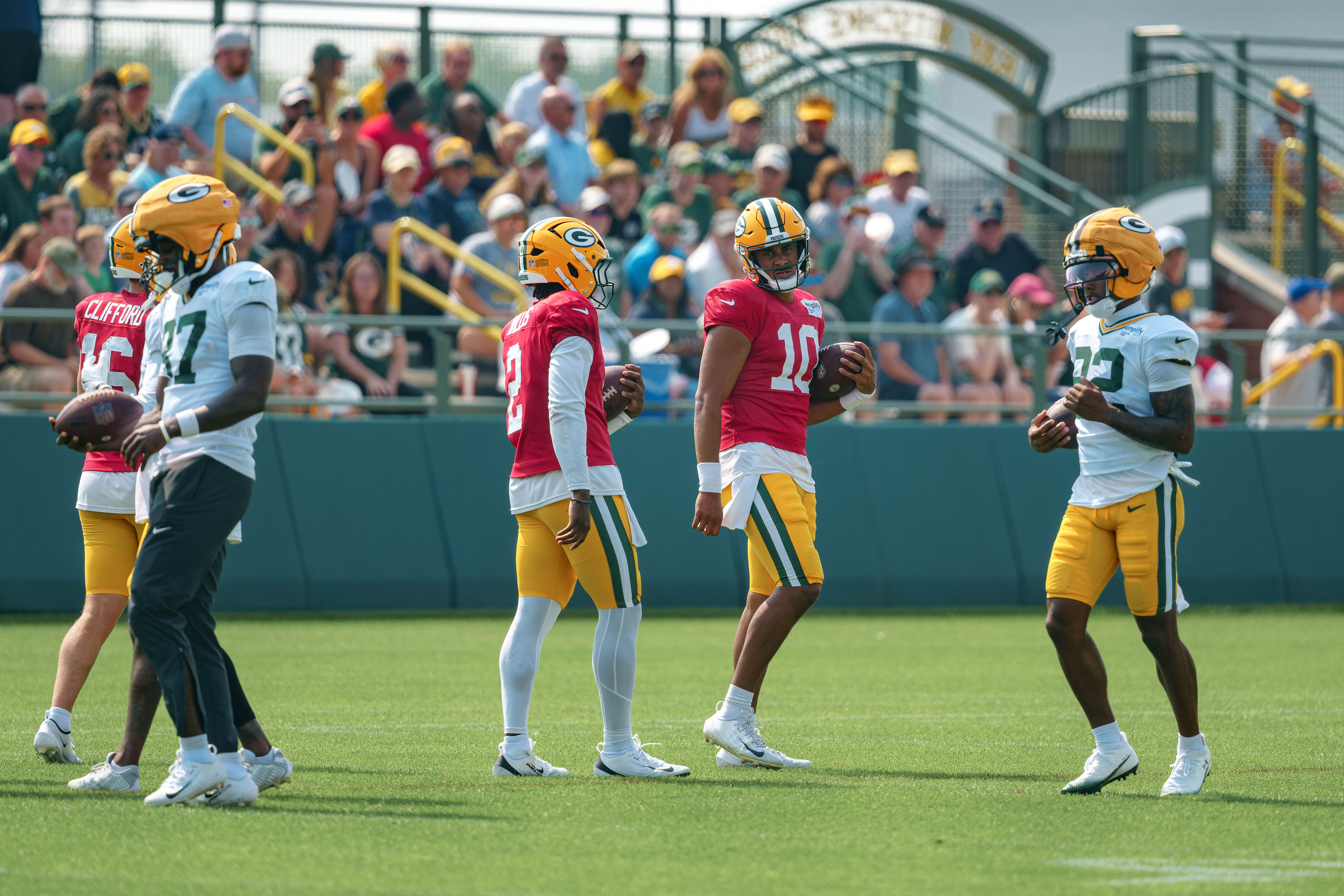 Green Bay Packers quarterbacks, Malik Willis (2) and Jordan Love (10) run drills during training camp at Ray Nitschke Field in Green Bay, Wisconsin, on August 6th, 2025. Photography by Ross Harried for Second Crop Sports.