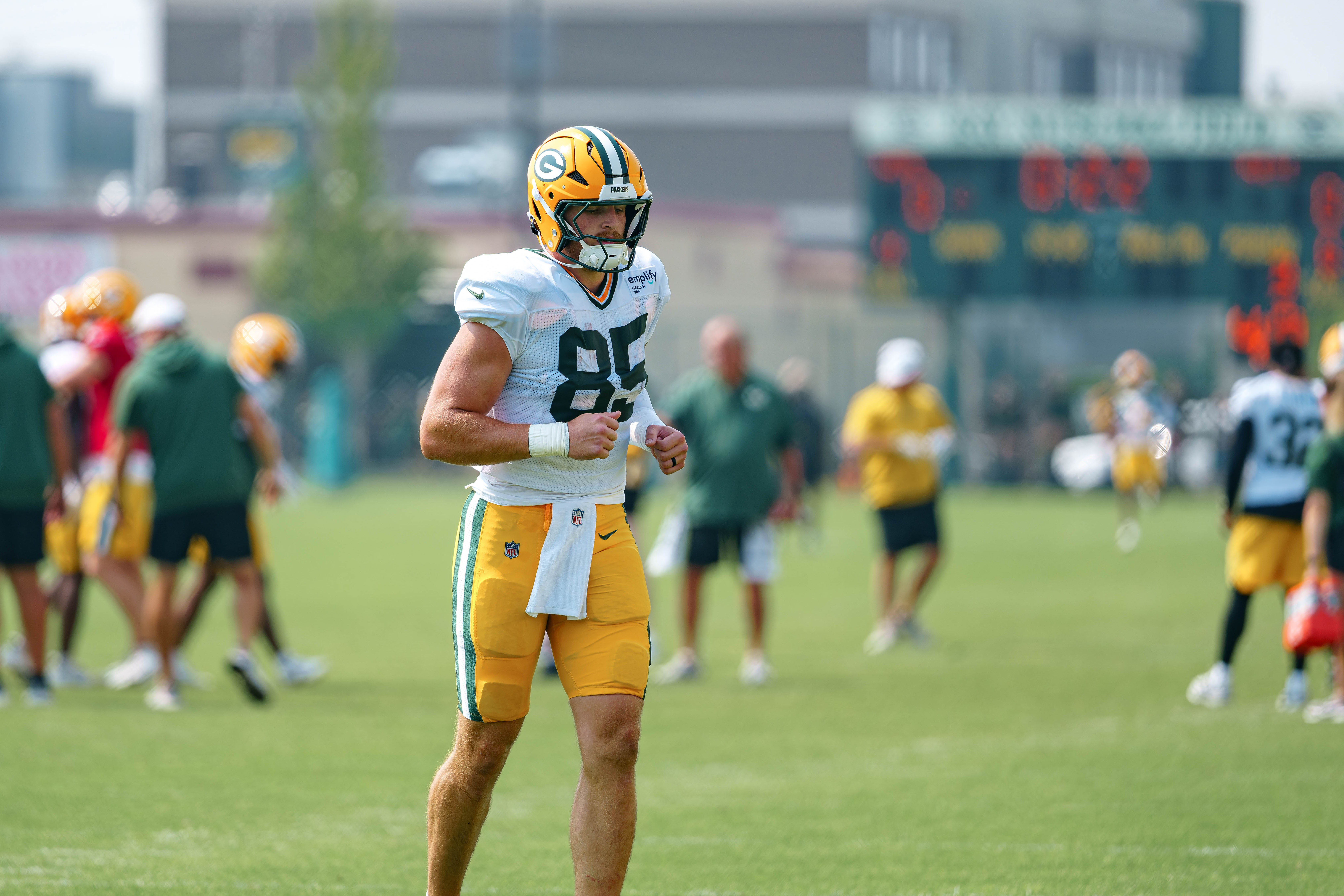 Green Bay Packers tight end Tucker Kraft (85) takes part in drills during NFL training camp at Ray Nitschke Field in Green Bay, Wisconsin, on August 6th, 2025. Photography by Ross Harried for Second Crop Sports.