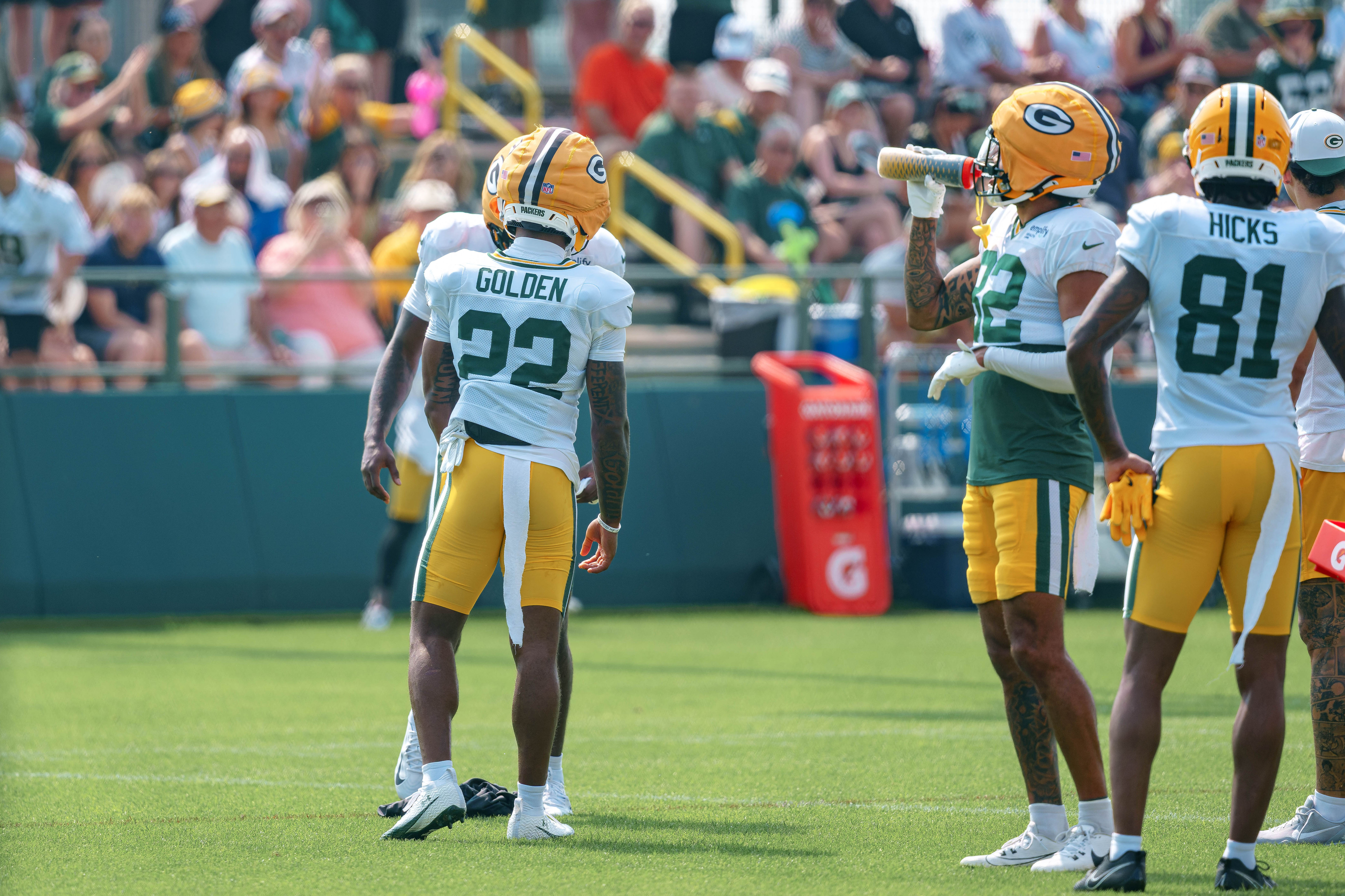 Green Bay Packers first round draft pick, wide receiver Matthew Golden (22) takes a break during training camp at Ray Nitschke Field in Green Bay, Wisconsin, on August 6th, 2025. Photography by Ross Harried for Second Crop Sports.