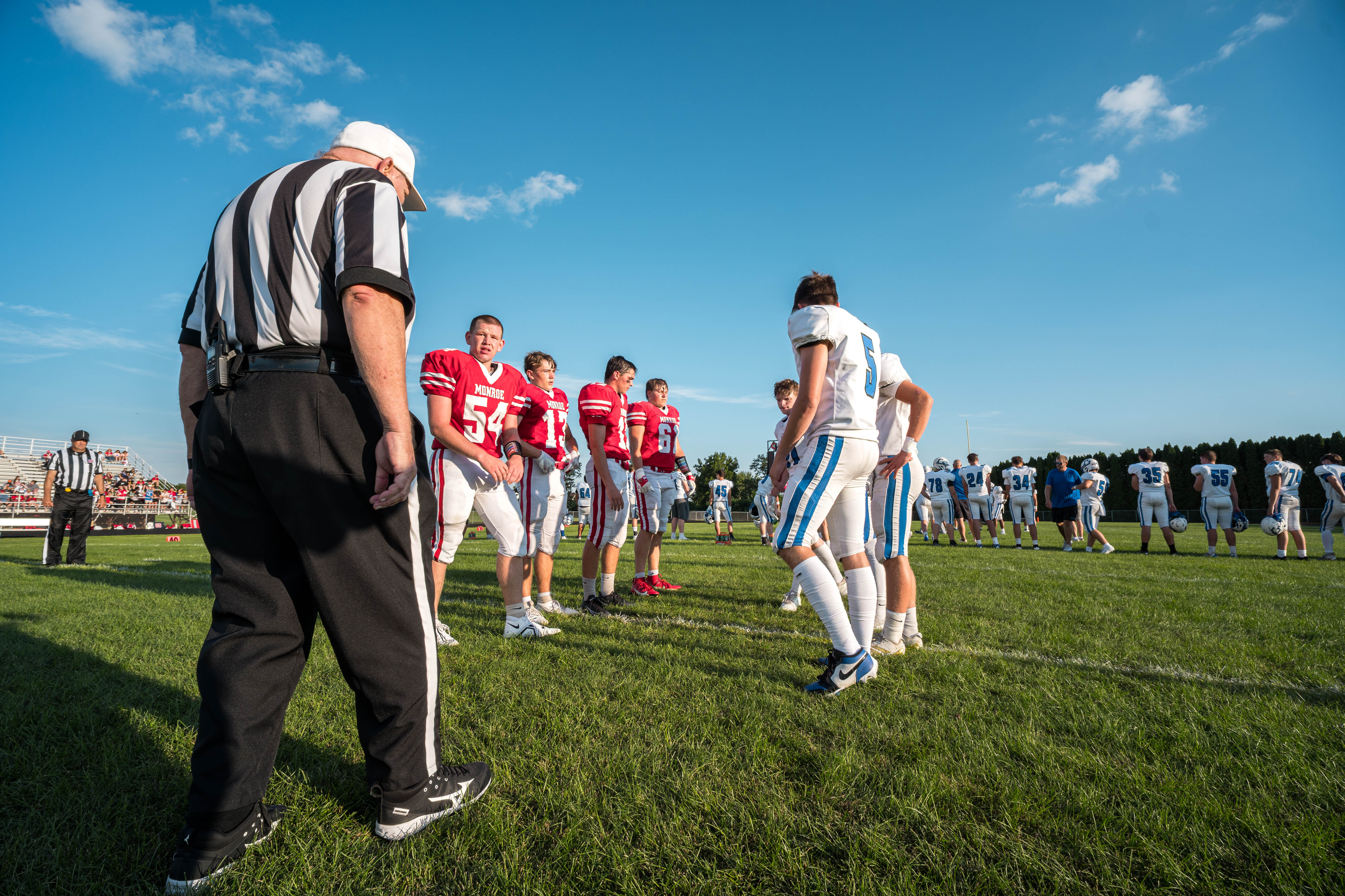 The Monroe Cheesemakers host the Lodi Blue Devils in a high school football game at Monroe High School in Monroe, Wisconsin, on August 22, 2025. Lodi defeated Monroe 21–14. Photography by Ross Harried for Second Crop Sports.