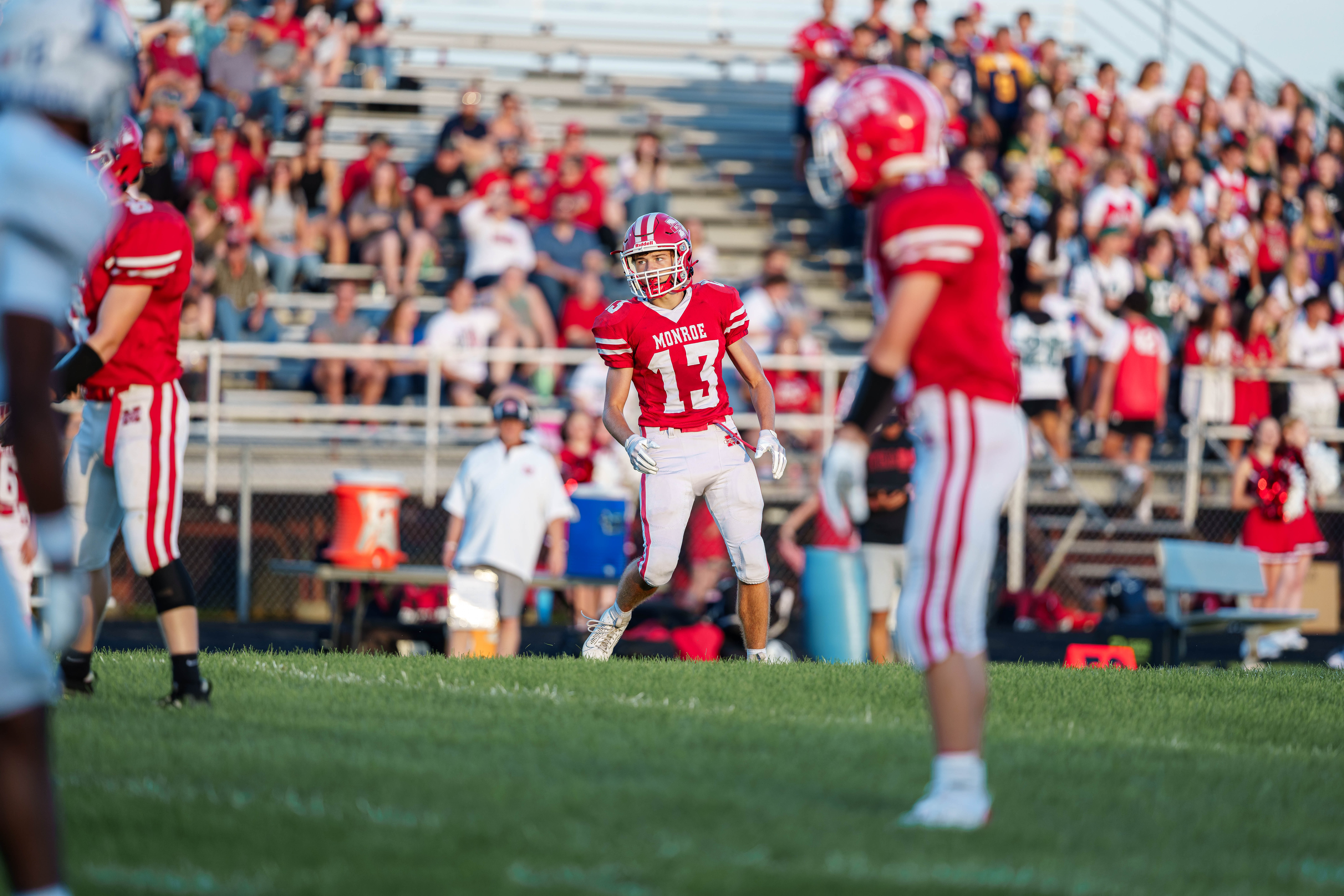 The Monroe Cheesemakers host the Lodi Blue Devils in a high school football game at Monroe High School in Monroe, Wisconsin, on August 22, 2025. Lodi defeated Monroe 21–14. Photography by Ross Harried for Second Crop Sports.