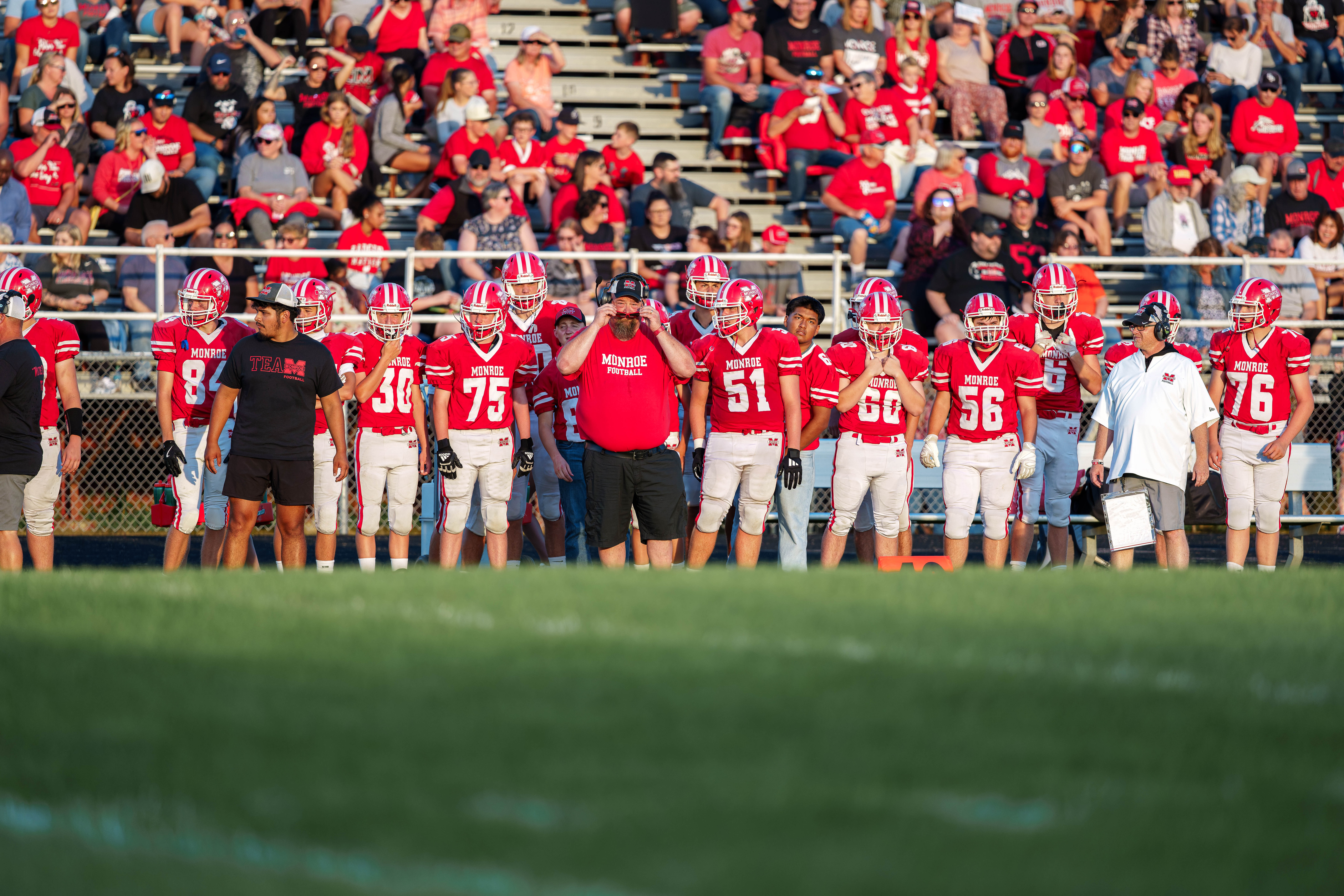 The Monroe Cheesemakers host the Lodi Blue Devils in a high school football game at Monroe High School in Monroe, Wisconsin, on August 22, 2025. Lodi defeated Monroe 21–14. Photography by Ross Harried for Second Crop Sports.