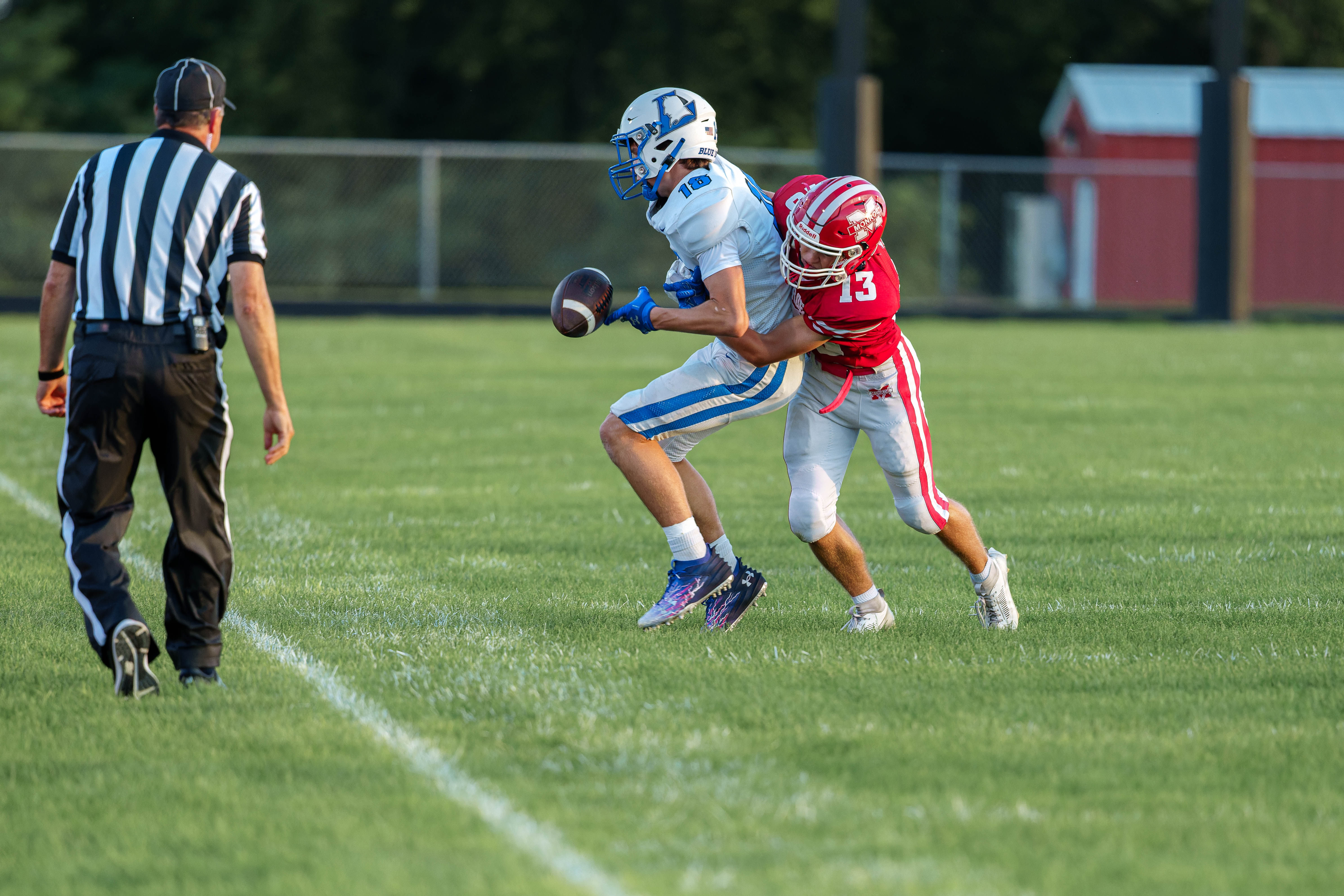 The Monroe Cheesemakers host the Lodi Blue Devils in a high school football game at Monroe High School in Monroe, Wisconsin, on August 22, 2025. Lodi defeated Monroe 21–14. Photography by Ross Harried for Second Crop Sports.