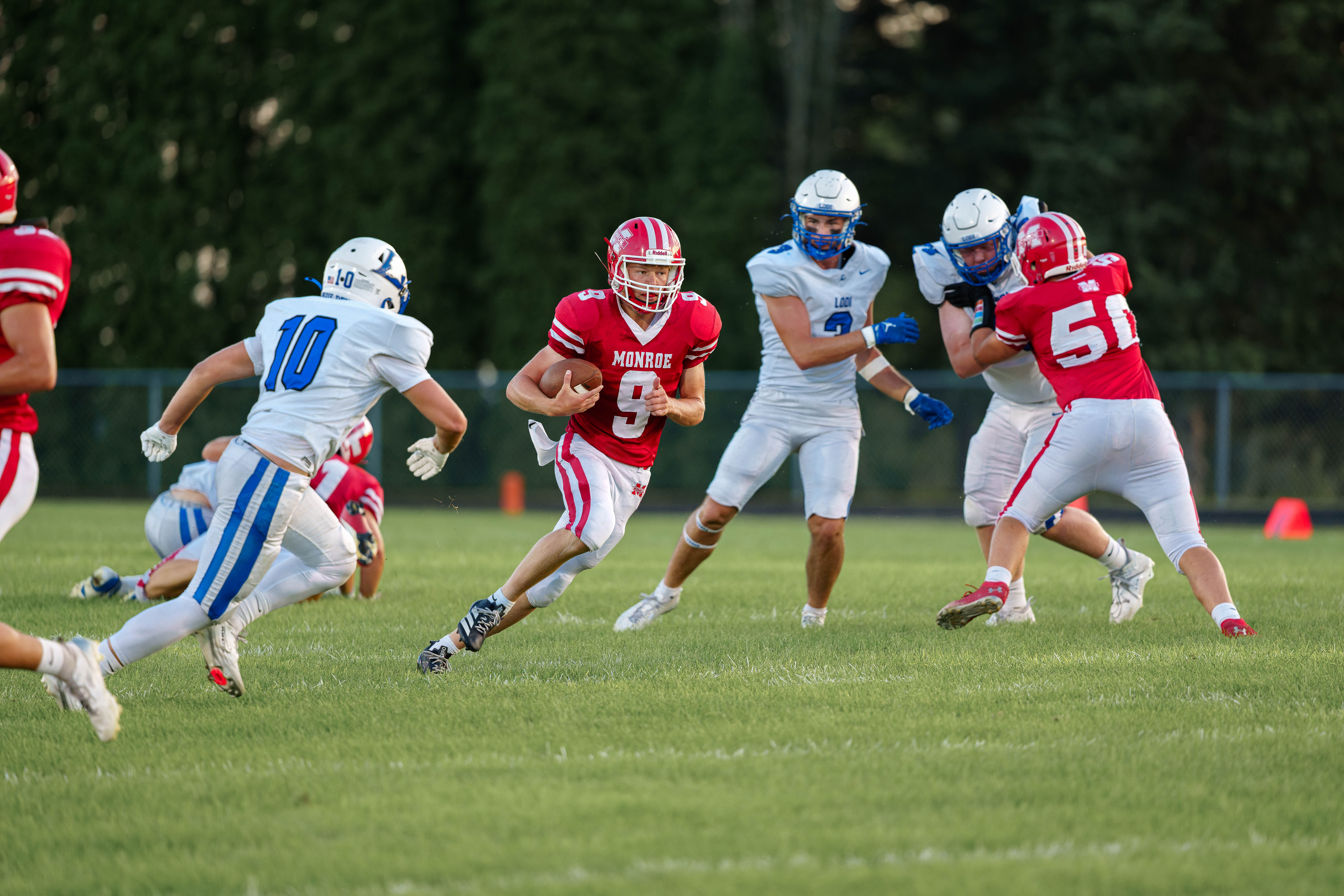 The Monroe Cheesemakers host the Lodi Blue Devils in a high school football game at Monroe High School in Monroe, Wisconsin, on August 22, 2025. Lodi defeated Monroe 21–14. Photography by Ross Harried for Second Crop Sports.