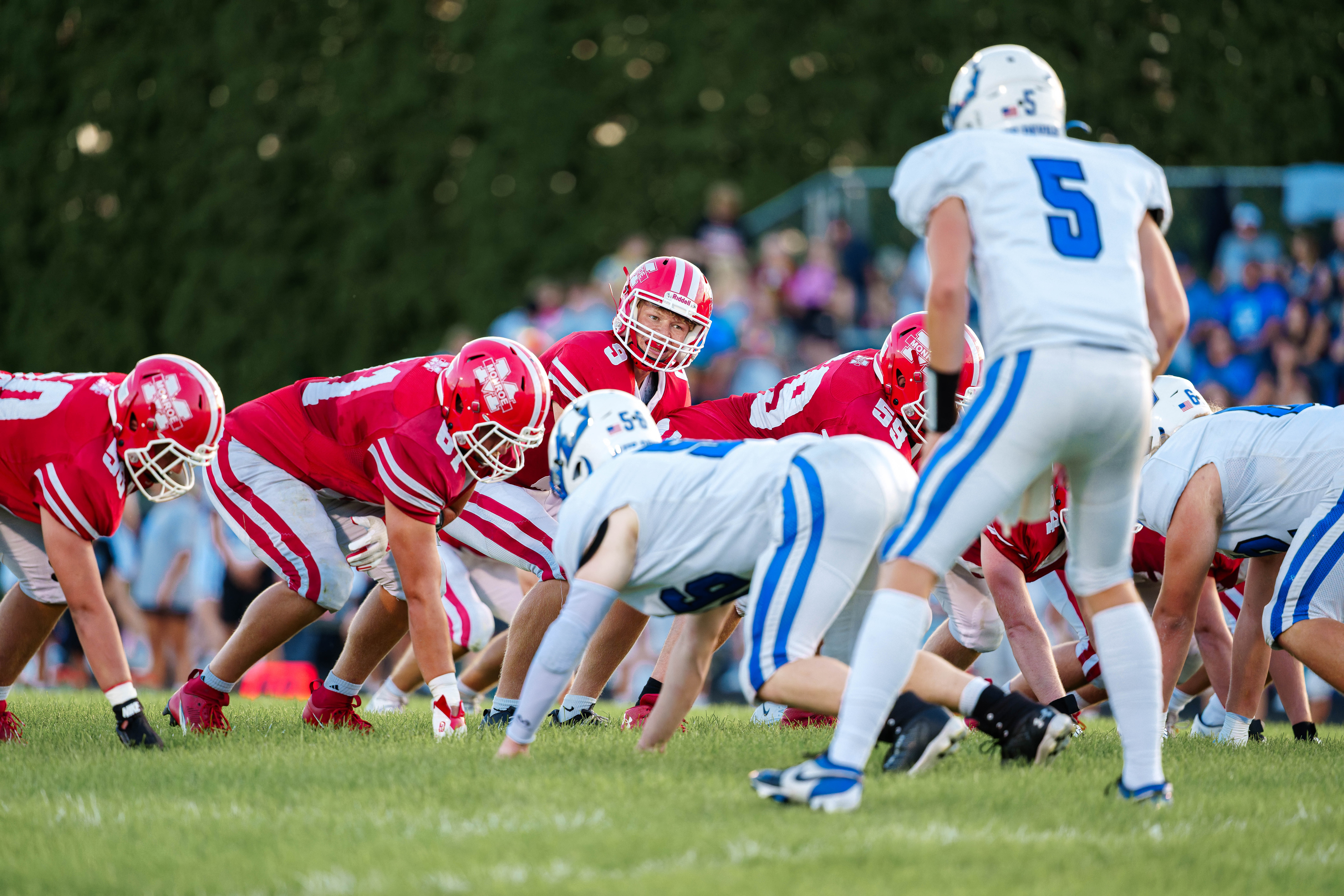 The Monroe Cheesemakers host the Lodi Blue Devils in a high school football game at Monroe High School in Monroe, Wisconsin, on August 22, 2025. Lodi defeated Monroe 21–14. Photography by Ross Harried for Second Crop Sports.