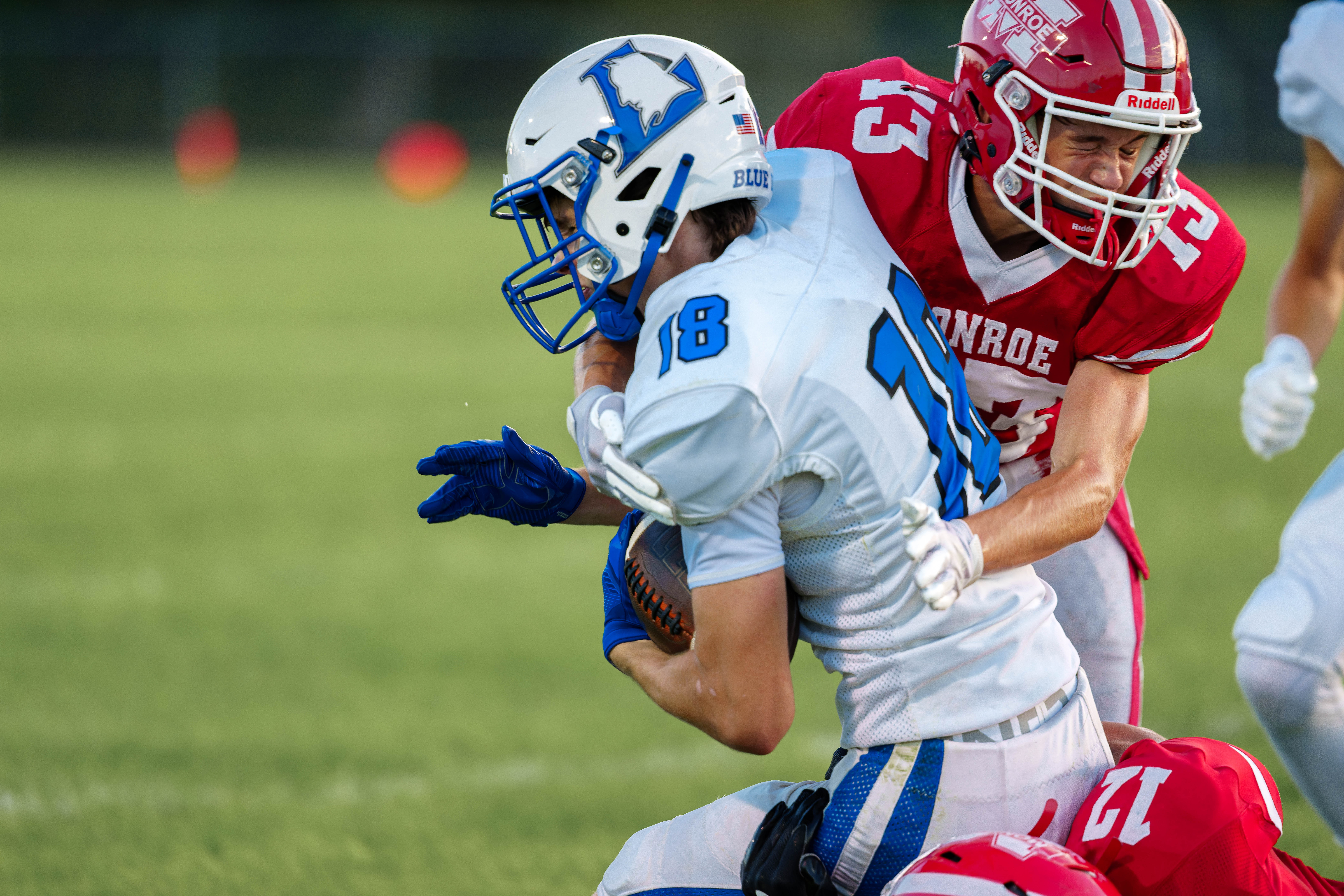 The Monroe Cheesemakers host the Lodi Blue Devils in a high school football game at Monroe High School in Monroe, Wisconsin, on August 22, 2025. Lodi defeated Monroe 21–14. Photography by Ross Harried for Second Crop Sports.