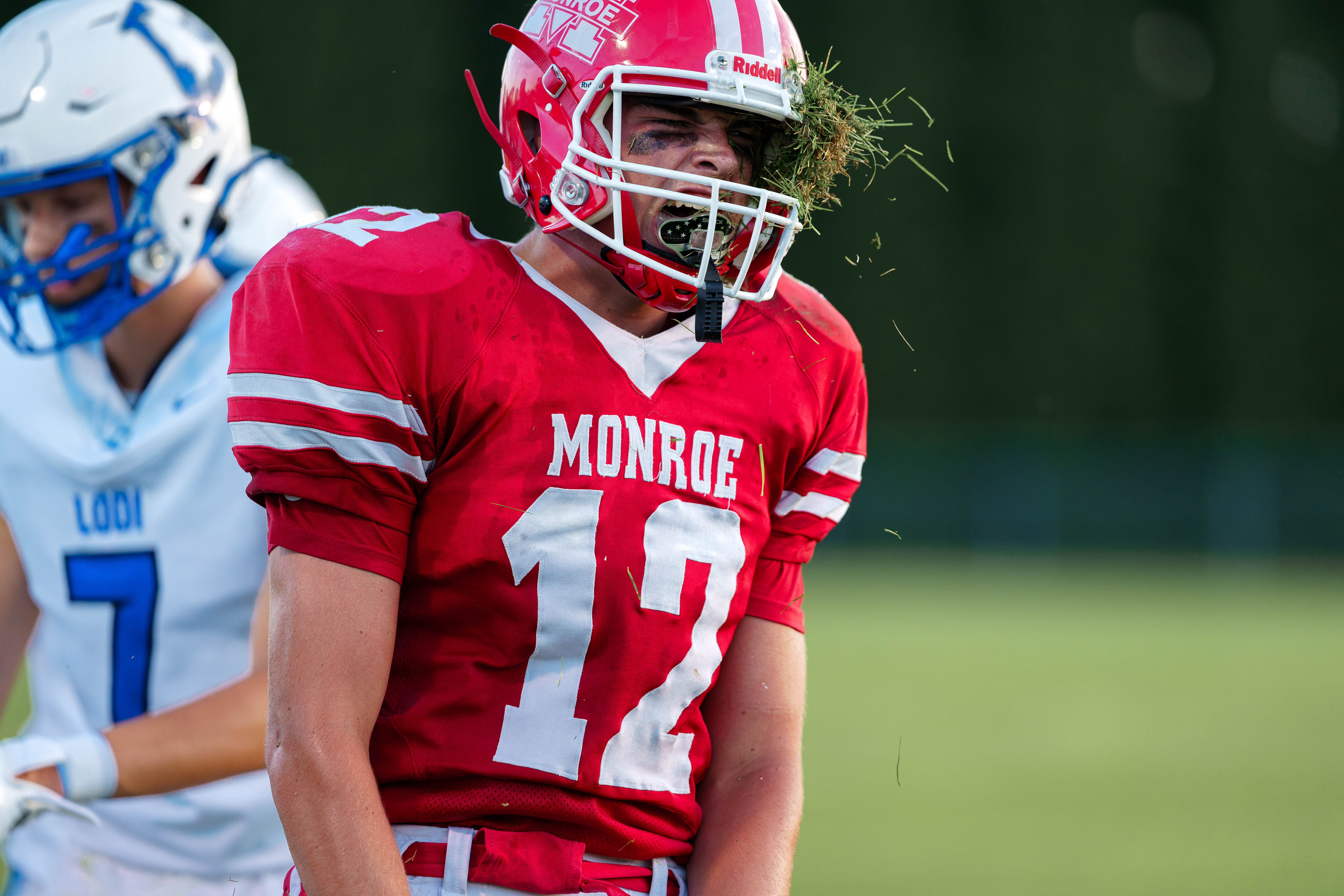 The Monroe Cheesemakers host the Lodi Blue Devils in a high school football game at Monroe High School in Monroe, Wisconsin, on August 22, 2025. Lodi defeated Monroe 21–14. Photography by Ross Harried for Second Crop Sports.