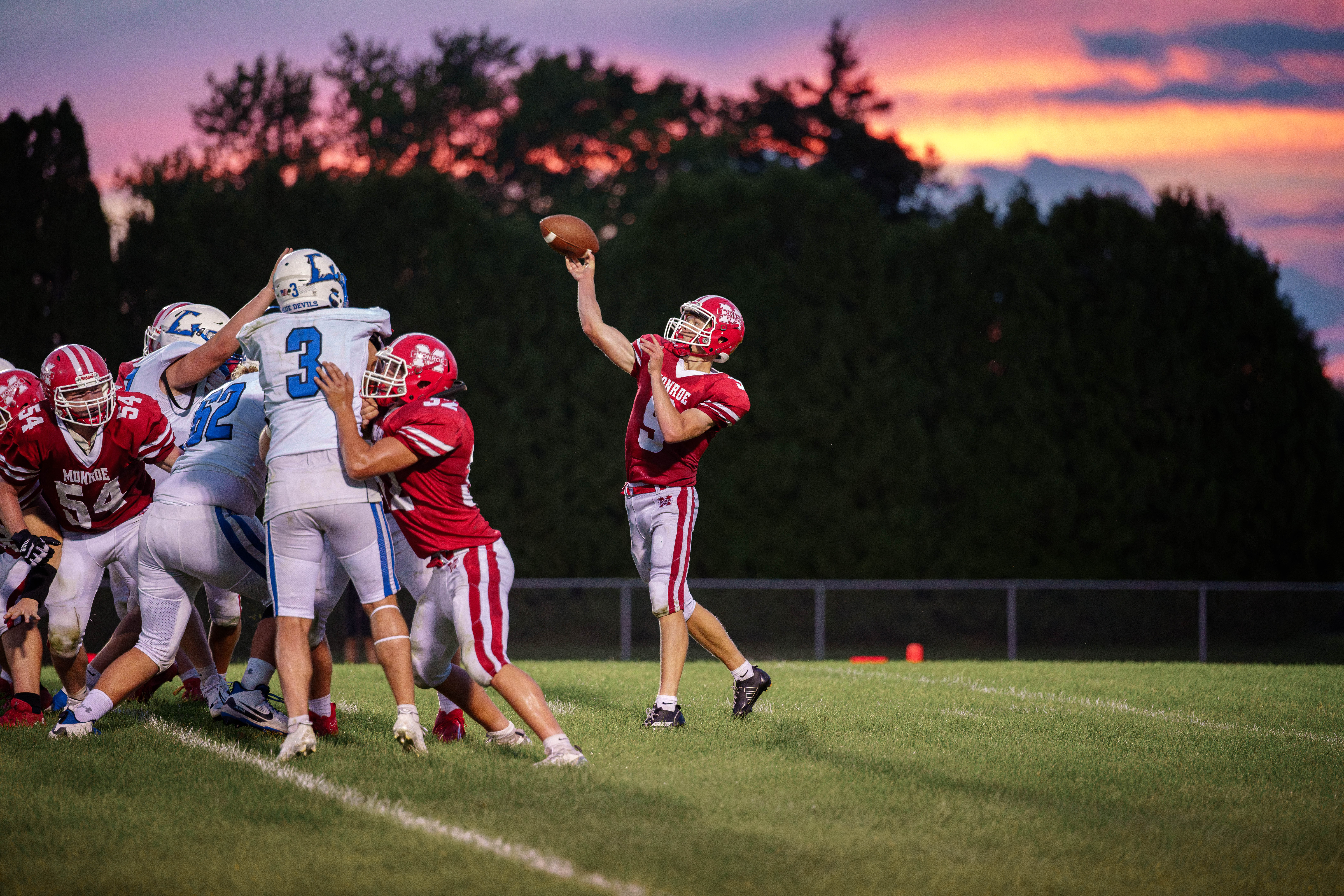 The Monroe Cheesemakers host the Lodi Blue Devils in a high school football game at Monroe High School in Monroe, Wisconsin, on August 22, 2025. Lodi defeated Monroe 21–14. Photography by Ross Harried for Second Crop Sports.