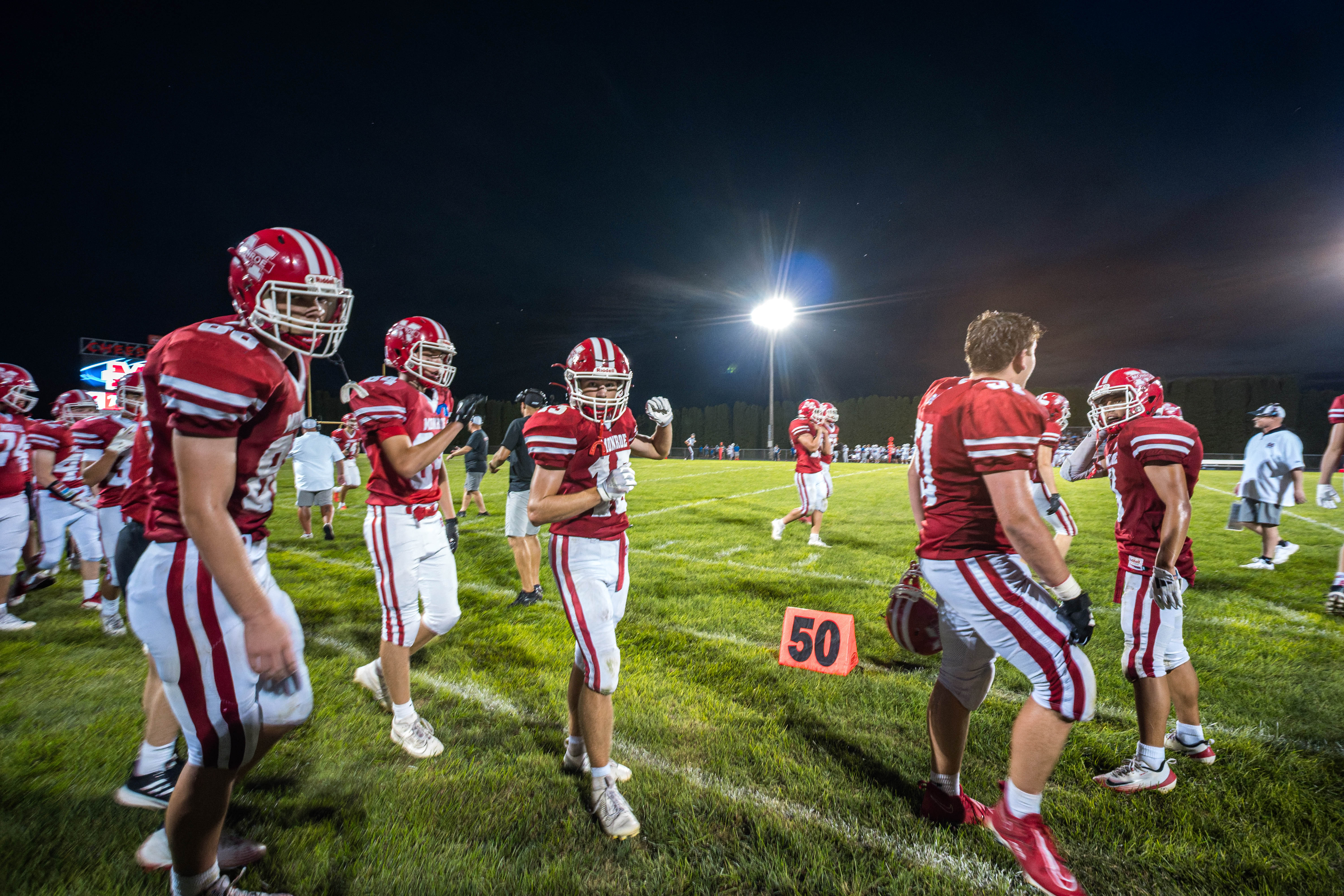 The Monroe Cheesemakers host the Lodi Blue Devils in a high school football game at Monroe High School in Monroe, Wisconsin, on August 22, 2025. Lodi defeated Monroe 21–14. Photography by Ross Harried for Second Crop Sports.