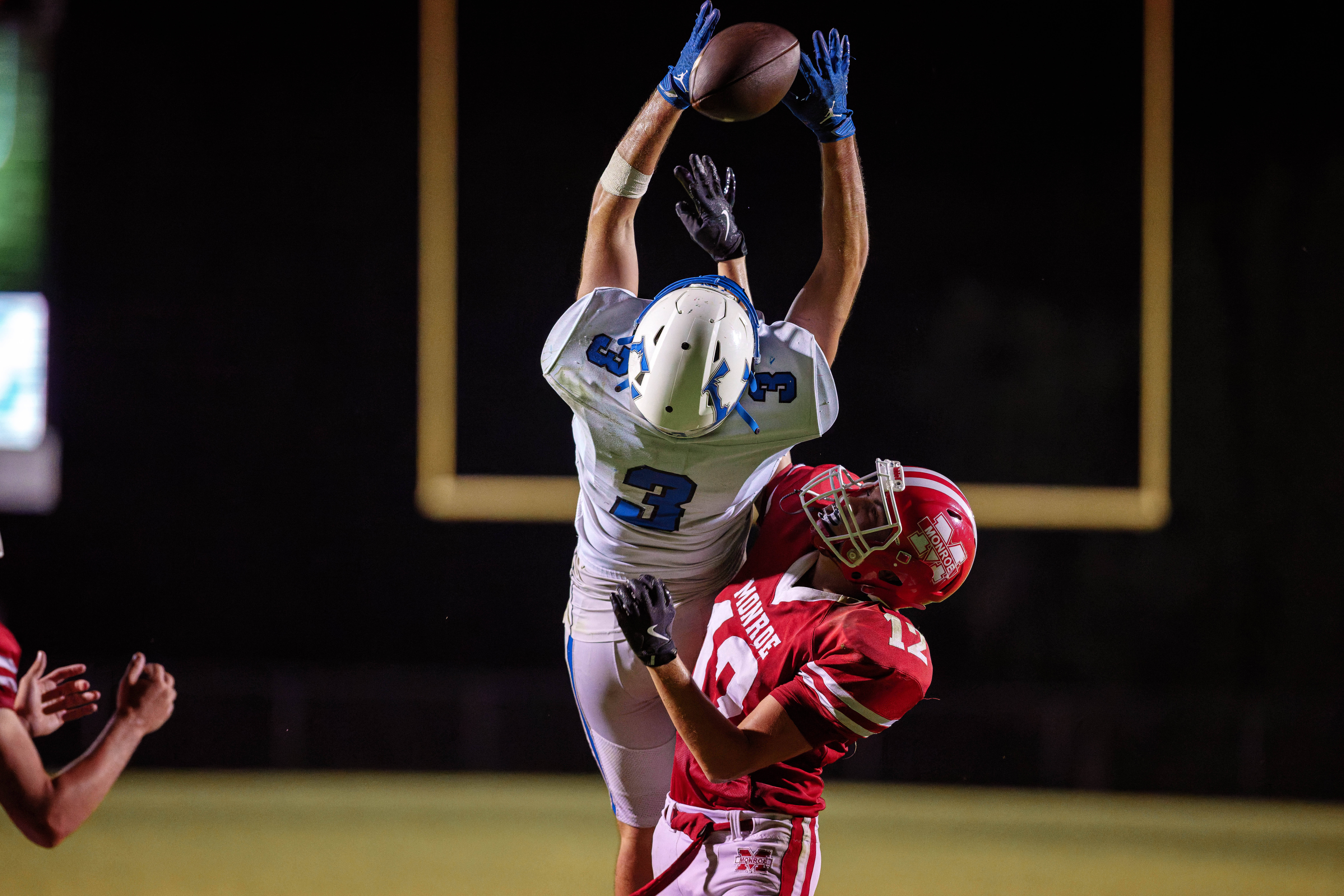 The Monroe Cheesemakers host the Lodi Blue Devils in a high school football game at Monroe High School in Monroe, Wisconsin, on August 22, 2025. Lodi defeated Monroe 21–14. Photography by Ross Harried for Second Crop Sports.