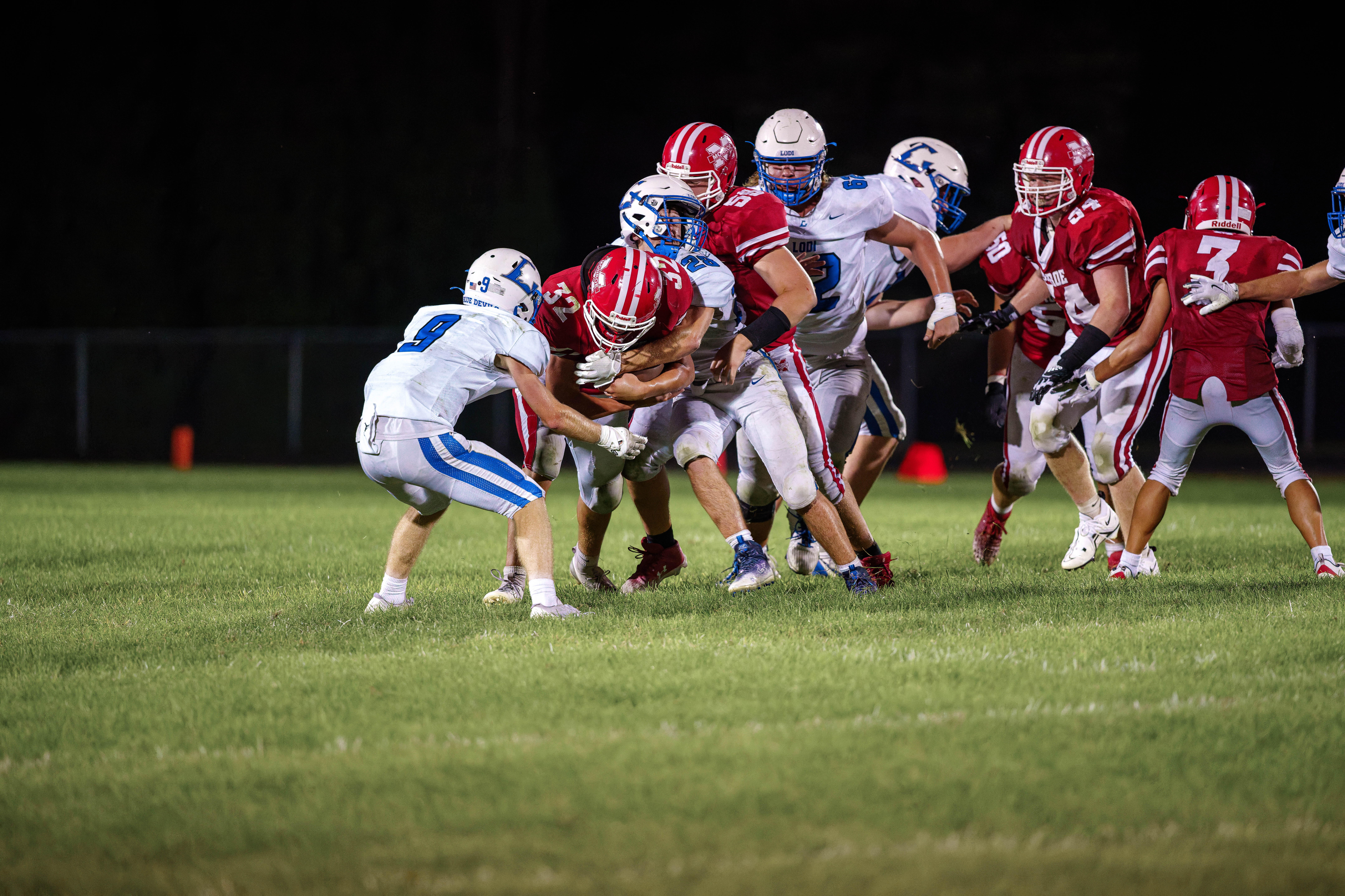 The Monroe Cheesemakers host the Lodi Blue Devils in a high school football game at Monroe High School in Monroe, Wisconsin, on August 22, 2025. Lodi defeated Monroe 21–14. Photography by Ross Harried for Second Crop Sports.