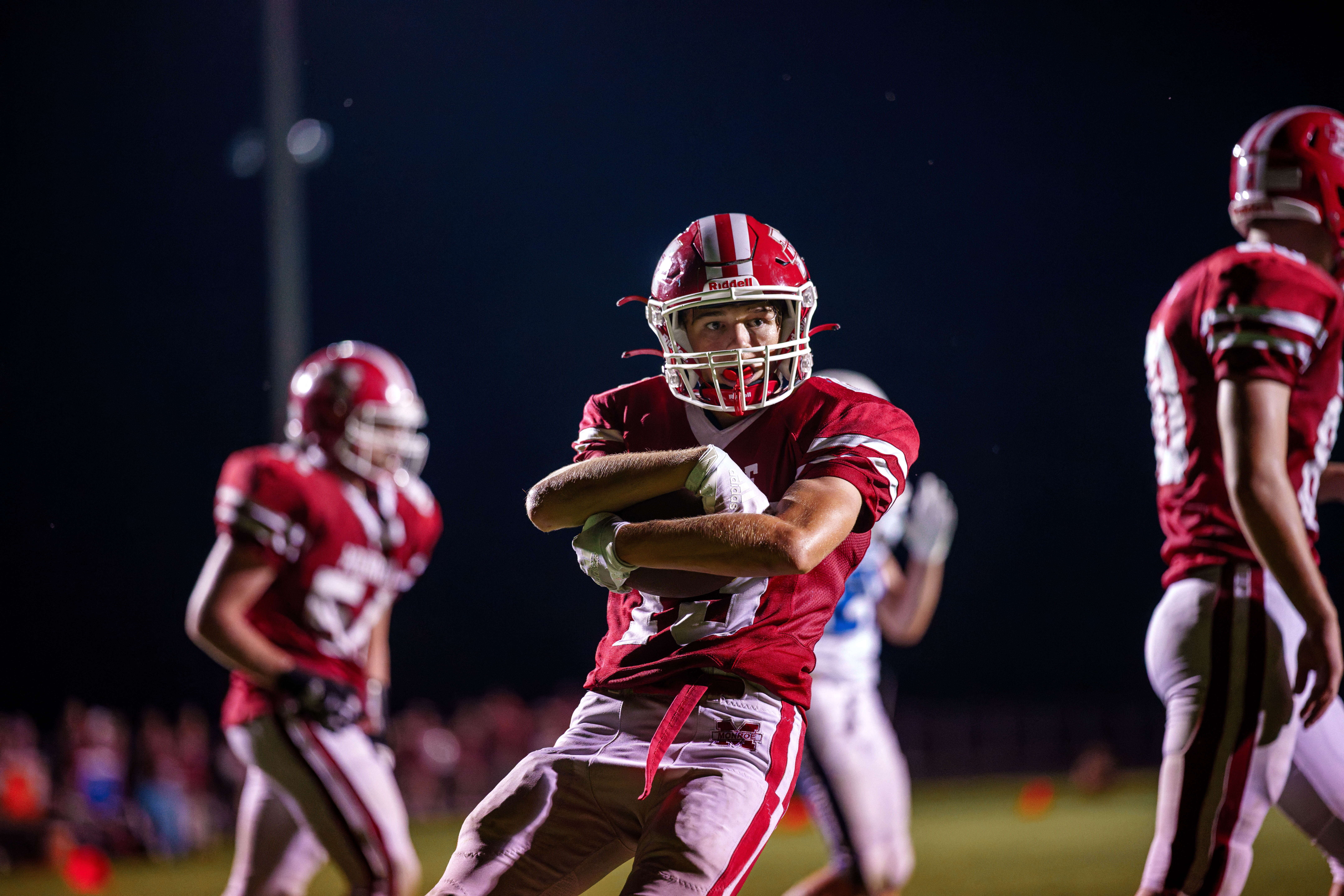 The Monroe Cheesemakers host the Lodi Blue Devils in a high school football game at Monroe High School in Monroe, Wisconsin, on August 22, 2025. Lodi defeated Monroe 21–14. Photography by Ross Harried for Second Crop Sports.