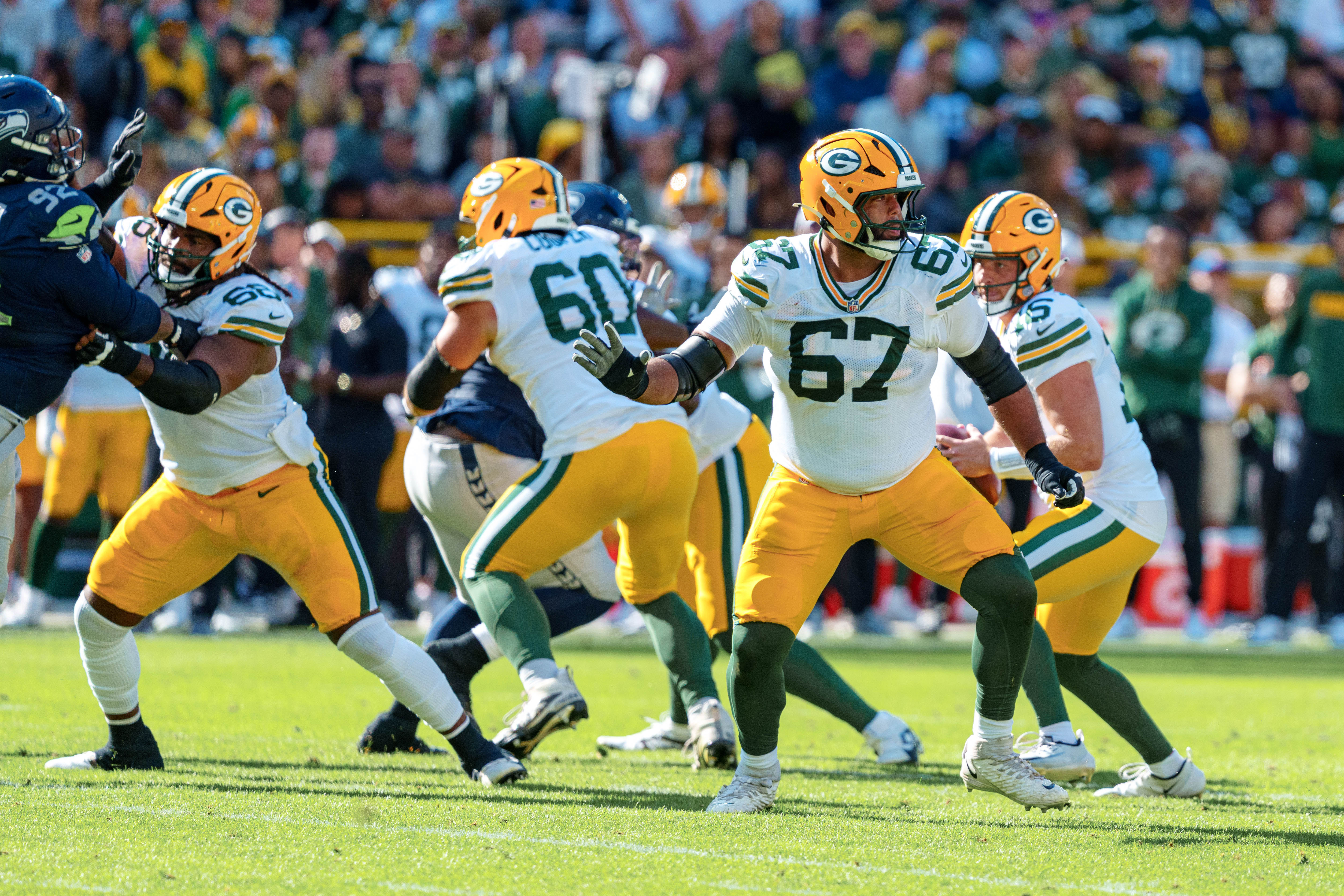 Green Bay Packers offensive tackle Donovan Jennings (67) provides pass protection against the Seattle Seahawks at Lambeau Field on August 23, 2025 in Green Bay, Wisconsin. Photography by Ross Harried for Second Crop Sports.